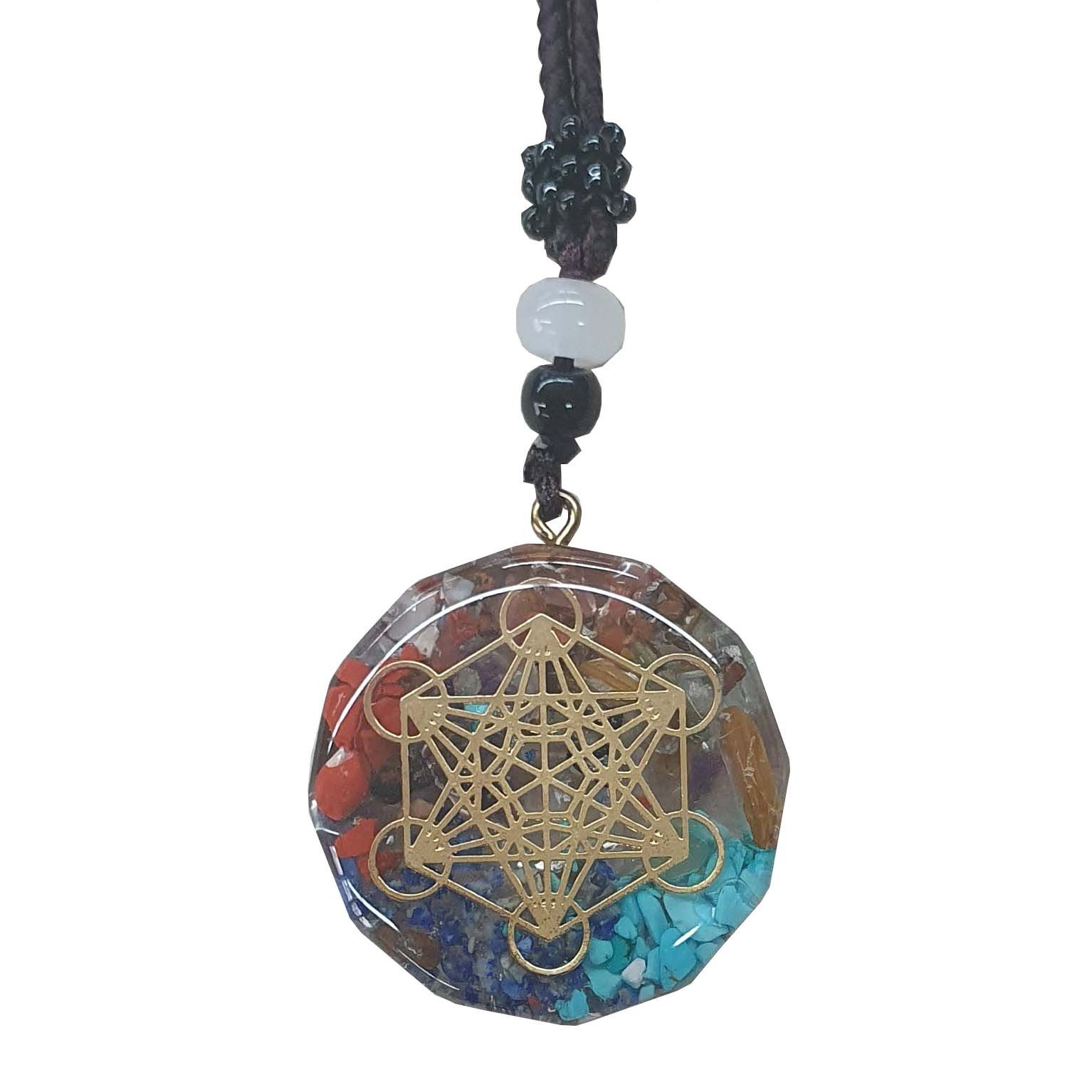 Saraswati Kette mit Anhänger Halskette Orgone "Metatron" Edelsteine 4cm mit 30cm langem Nylonband