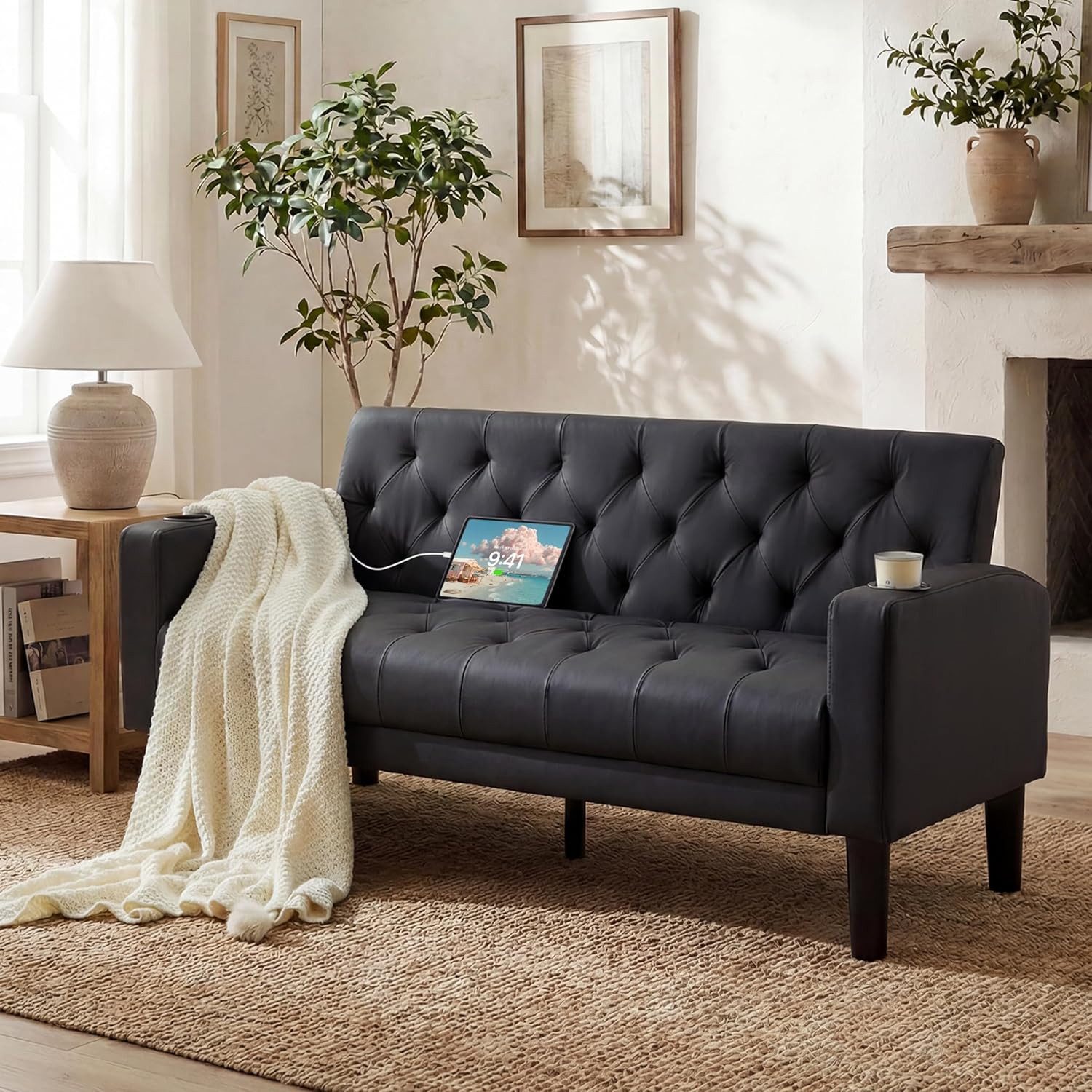 GRAVFORCE Sofa mit Ladeports und Becherhaltern 151cm Blau Samt, 1 Teile, für Wohnzimmer und Büro