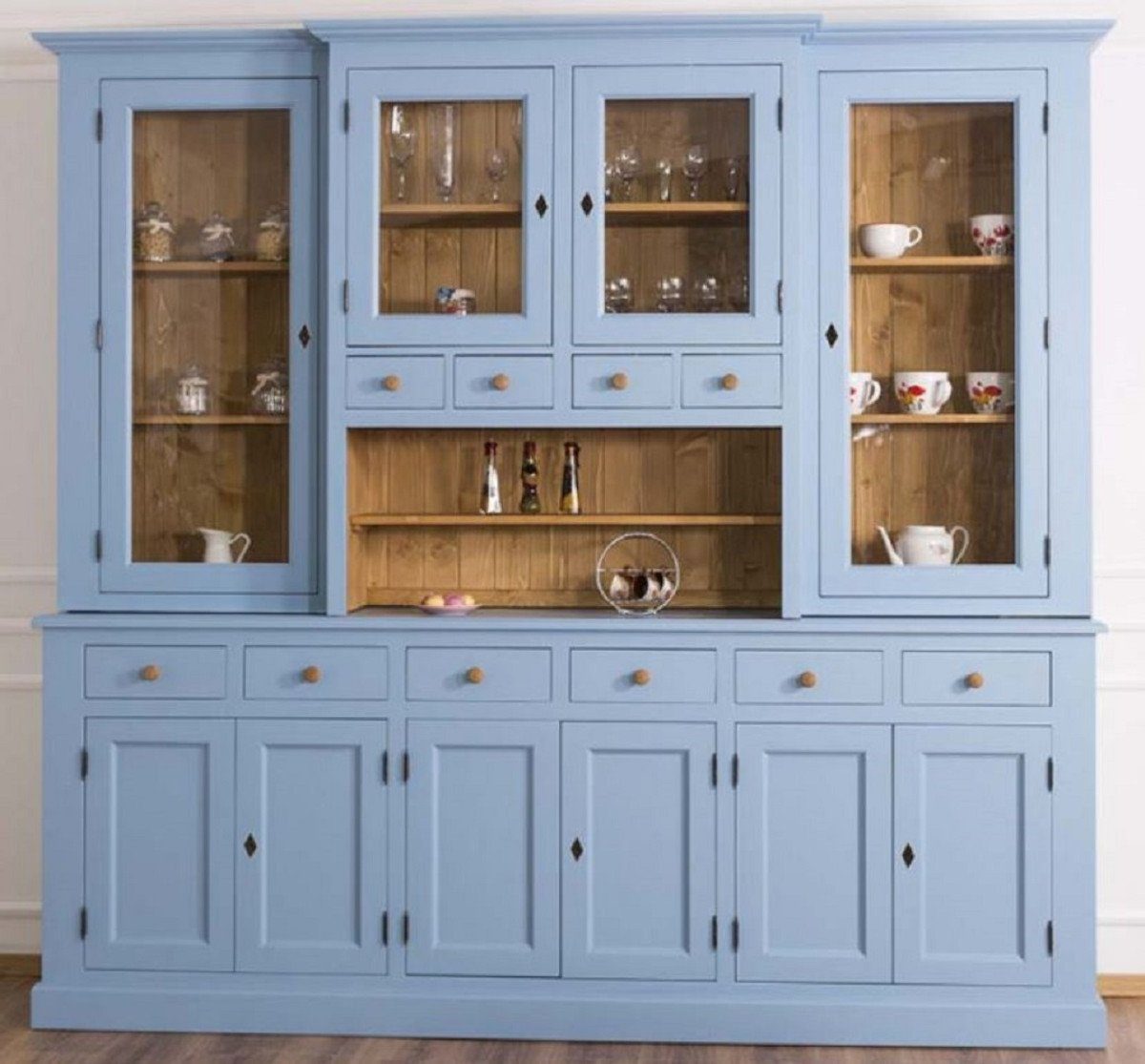 Casa Padrino Küchenbuffet Casa Padrino Landhausstil Esszimmerschrank Hellblau / Naturfarben 245 x 47 x H. 225 cm - Massivholz Küchenschrank - Esszimmer Möbel im Landhausstil - Landhausstil Esszimmer Einrichtung