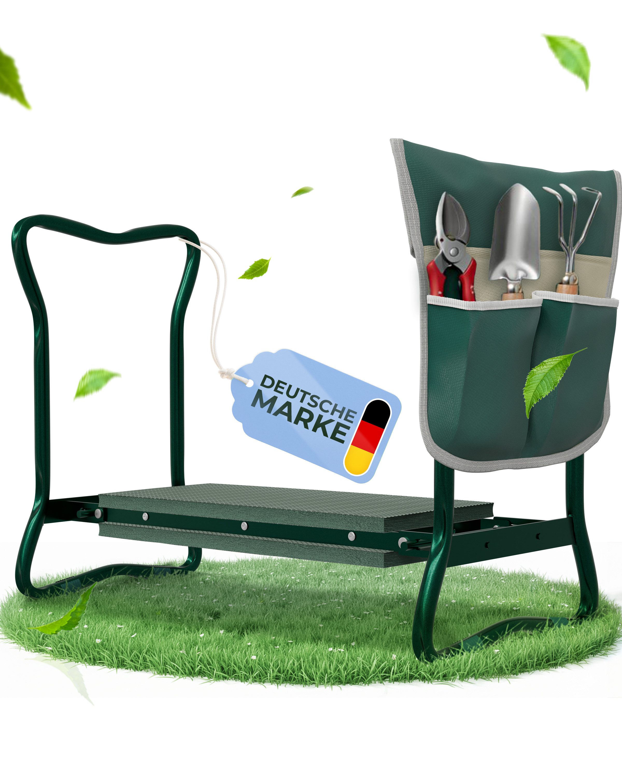 GardenAura Kniebank für Gartenarbeit 2 in 1 Gartenhocker,(Spar-Set), Mit Werkzeugtasche und Schutzkappen