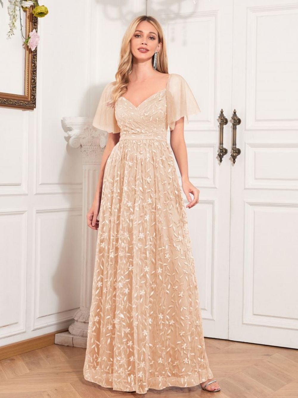 jalleria Dirndl Romantisches Abendkleid mit V-Ausschnitt, besticktes Netzkleid