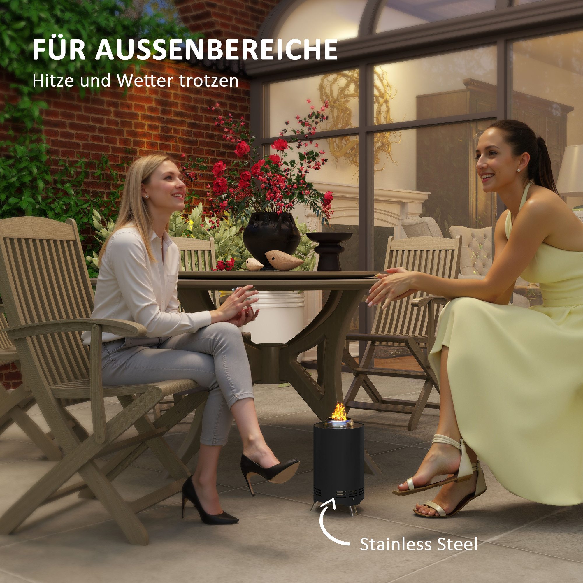 Outsunny Feuerschale Ø16 x 25cm, aus Edelstahl, mit Schürhaken, (Feuerstelle, 1-St., Rauchfreie Feuerkorb), für Garten, Balkon Terrasse, Outdoor BBQ Camping Schwarz