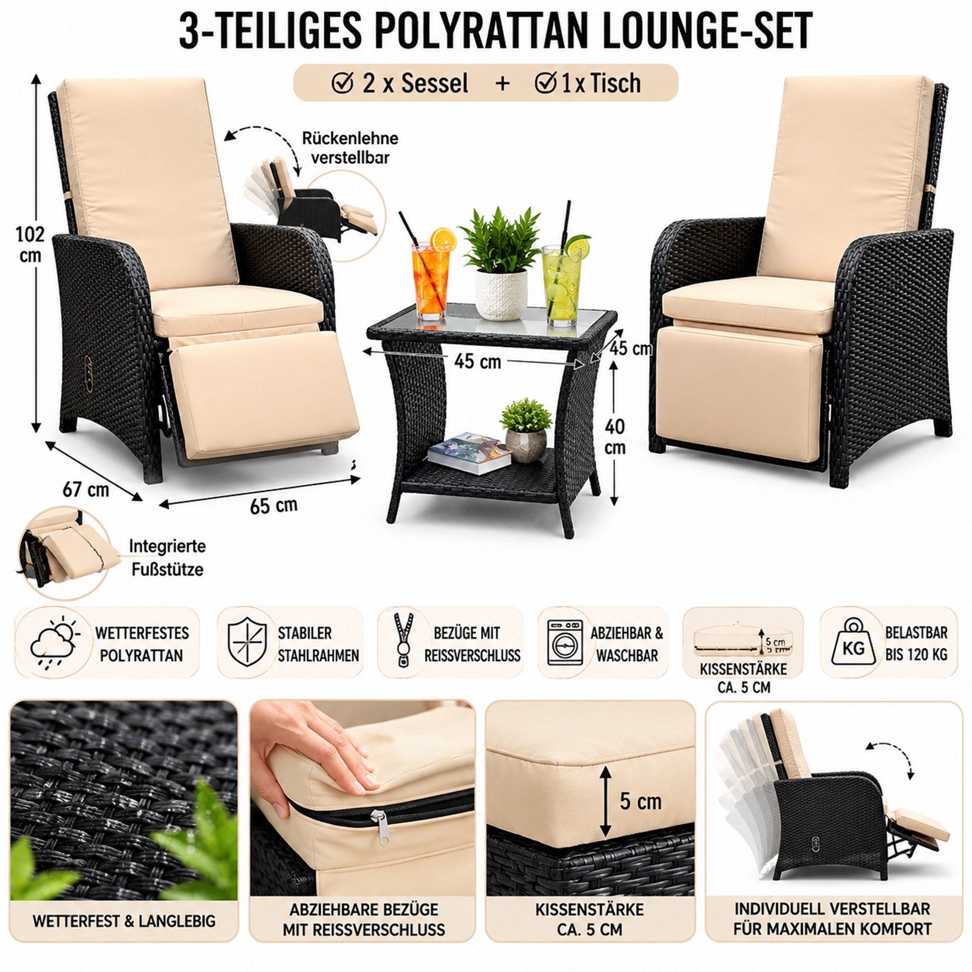 Mucola Sitzgruppe Gartenmöbel Set Sitzgarnitur Polyrattan Sitzgruppe Essgarnitur, (elegantes Set im Lounge-Design, 3-tlg., inkl. Auflagen für mehr Komfort), 3-teiliges Rattanmöbel Set mit verstellbarer Rücken- & Fußlehne