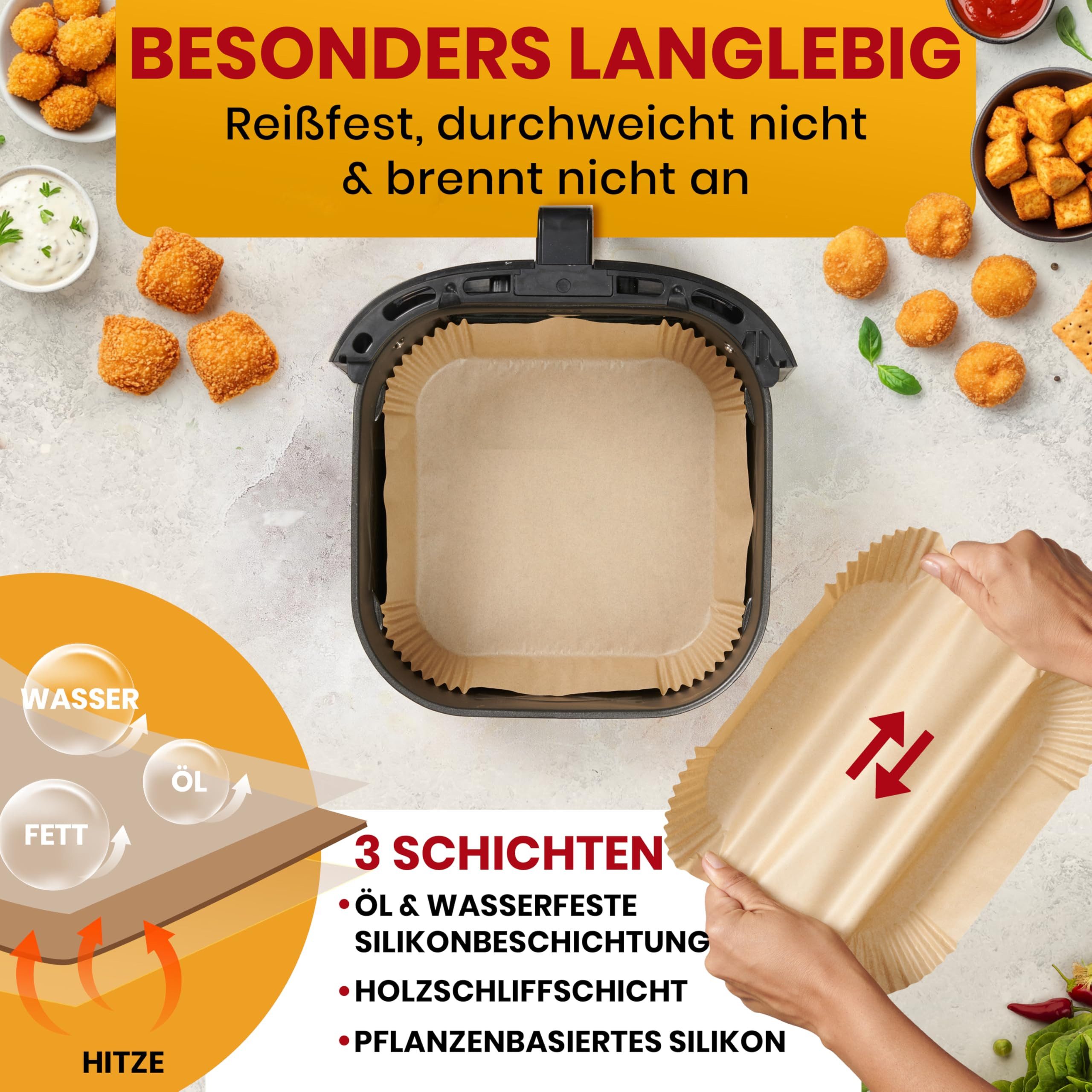 SURFOU Backpapier für Heißluftfritteuse 4,5L-8L,Air Fryer Backpapier 20 cm-100/200 Stück, Antihaft & ölfestes Backpapier – Ø20 cm, Höhe 4,5 cm, Quadratisch