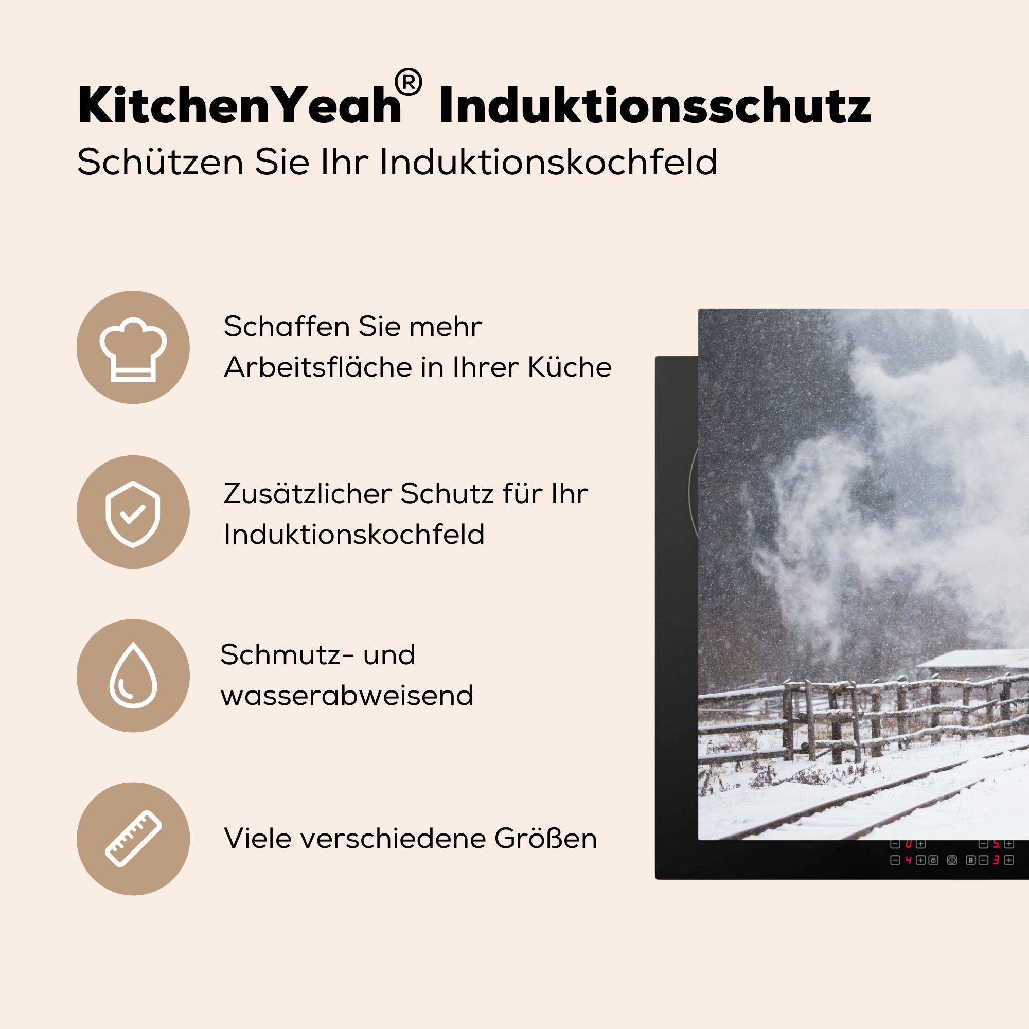 Herdblende-/Abdeckplatte - (1 im tlg), küche, Vinyl, liegend, die Schnee MuchoWow Induktionskochfeld 81x52 Ceranfeldabdeckung cm, für Schutz Zug