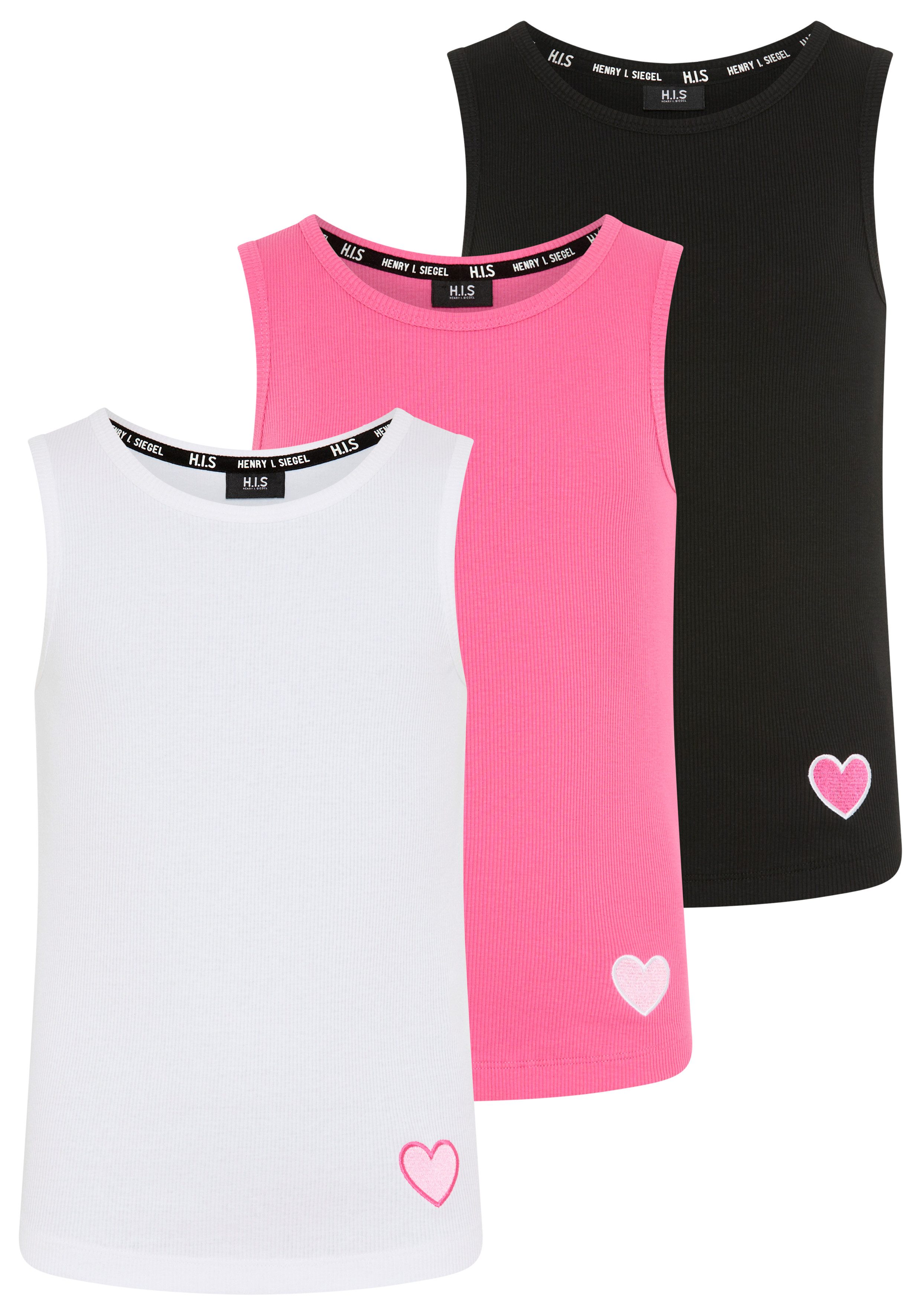 H.I.S Ripptanktop 3er Pack H.I.S Ripp-Tops mit Stickerei für Mädchen (Packung, 3-tlg., 3) für Mädchen, ärmelloses Design, aus Baumwolle, elastische Rippware