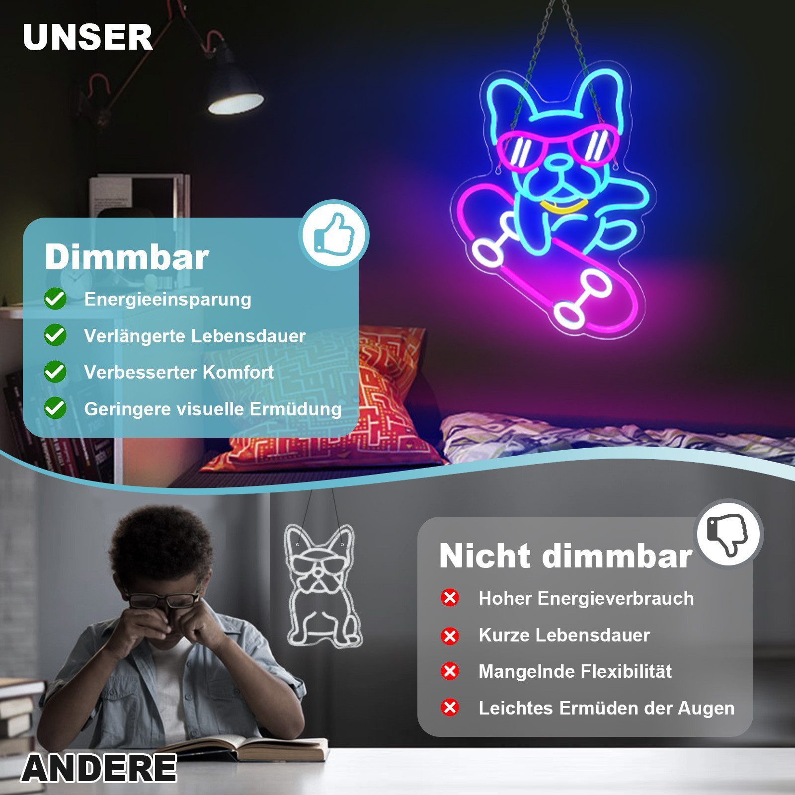MUPOO LED Dekolicht LED-Neonschild,Dackel Skateboard Hund,LED Neon Sign Acryl Wandleuchte, Dimmbar USB Partybeleuchtung Nachtlicht,Gaming Wanddekoration,Pet Shop