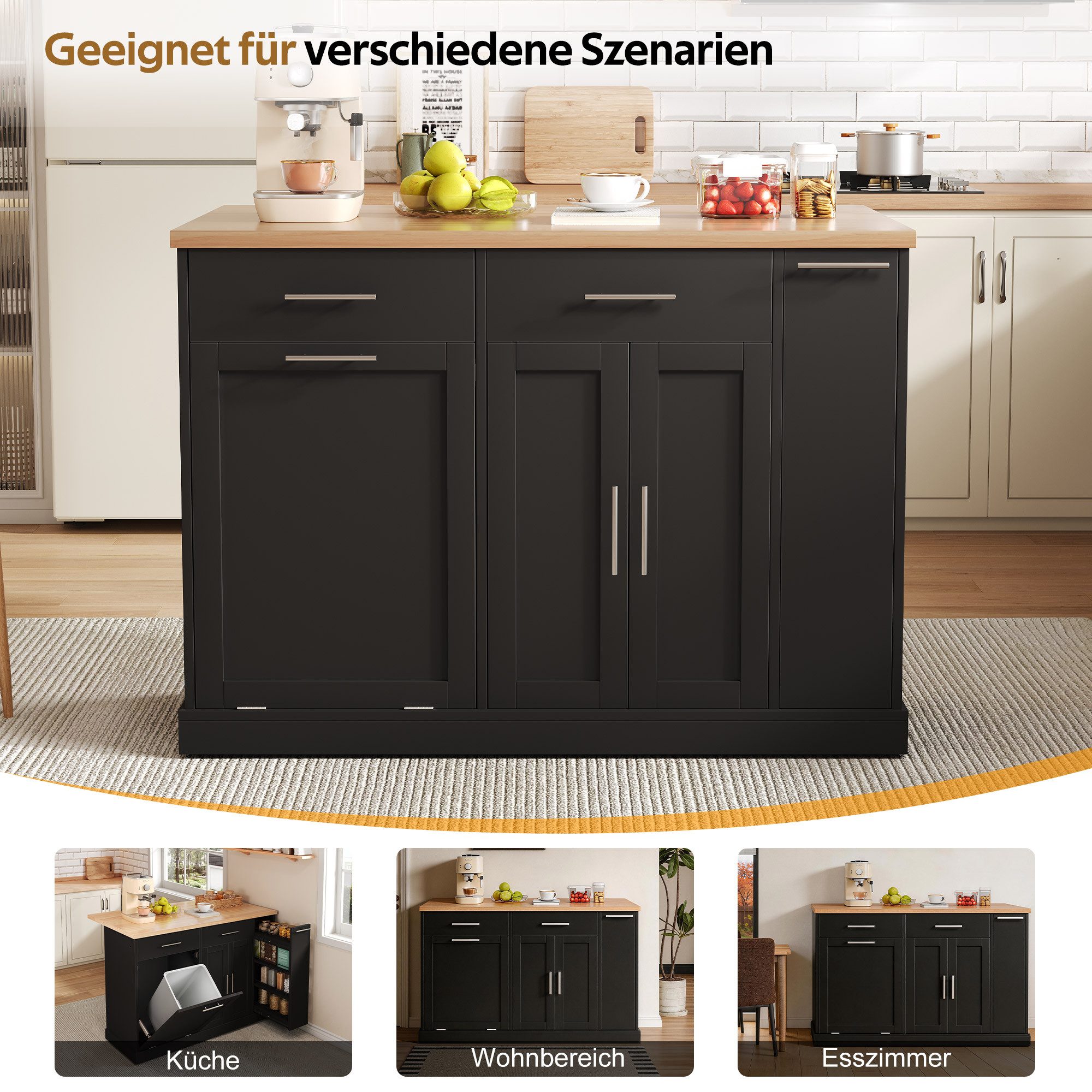 BlingBin Küchenwagen Kücheninsel auf Rollen mit klappbarer Arbeitsplatte,mit Müllschrank, (1 Stück, 1 St., 120 × 45 (70) × 93 cm), mit 4-stufigem Gewürzregal, 2 Schubladen und feststellbaren Rollen