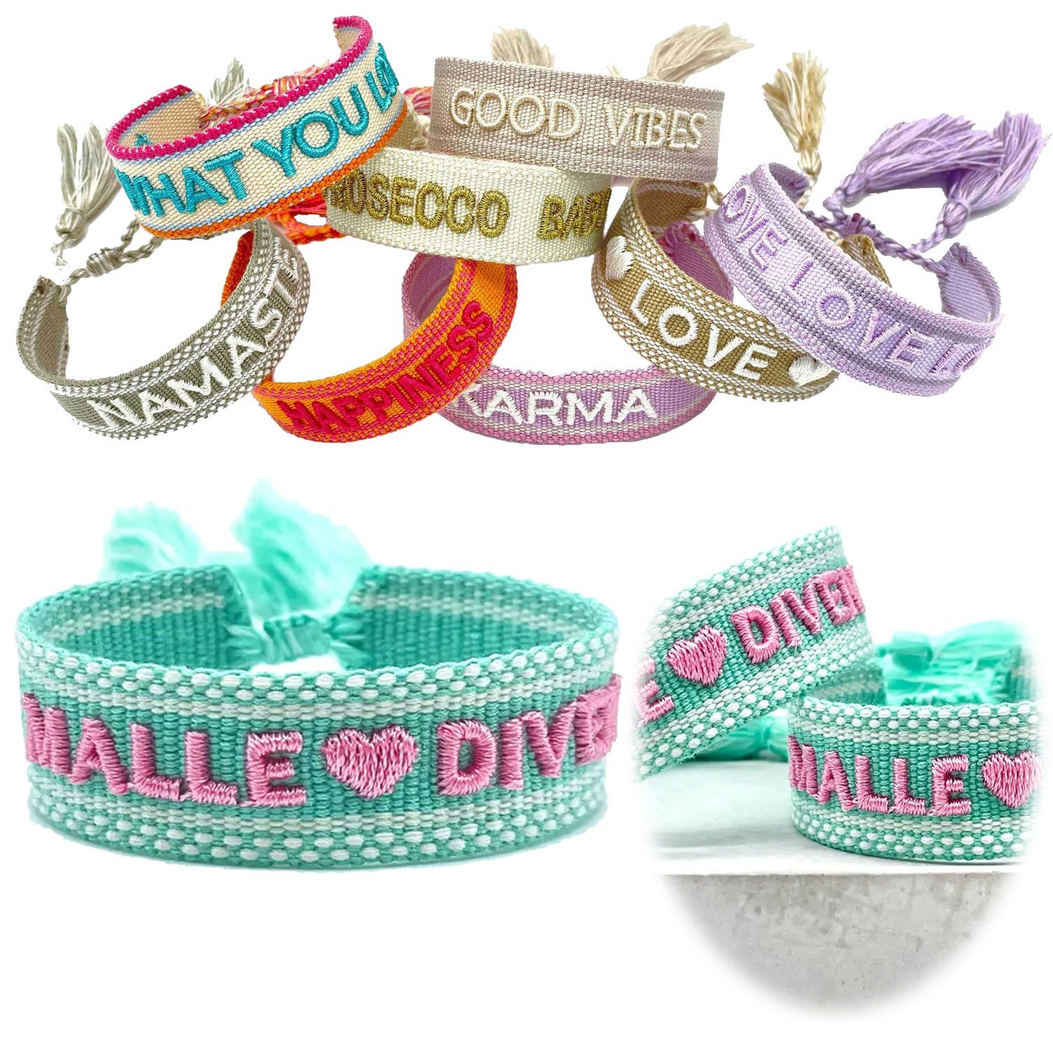 LS-LebenStil Armband Canvas Statement Armband Malle Diven Türkis Rosa Quasten bestickt (Baumwollarmband Webarmband Armbandliebe Freundschaftsarmband Freundschaftsband Partnerarmband, 1-tlg., textil geflochten gewebt - hochwertiger gestickter Spruch), perf