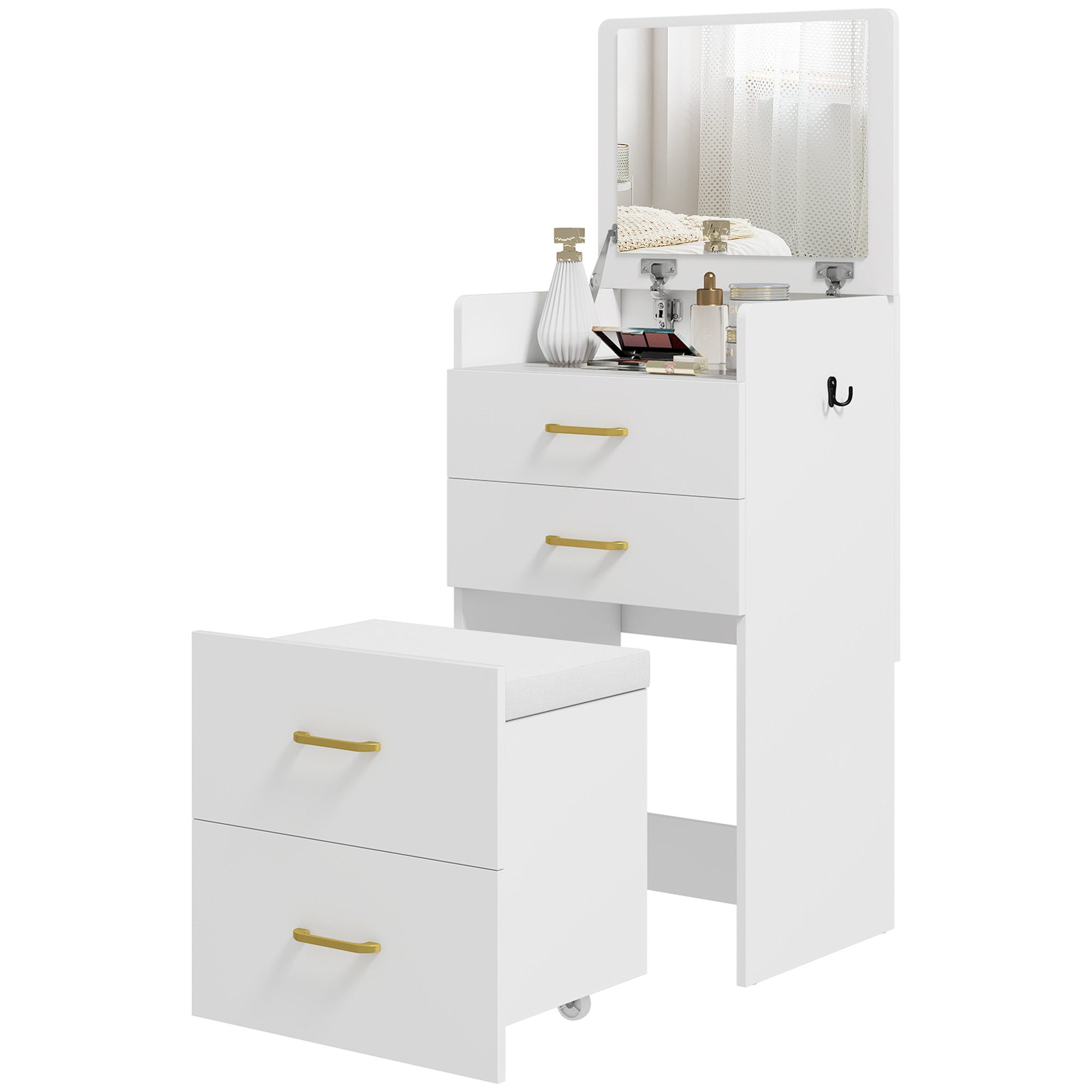 HOMCOM Schminktisch mit Rollhocker, Spiegel, 3 Schubladen (Kosmetiktisch, 1-St., Frisiertisch), Frisierkommode für Schlafzimmer, Weiß