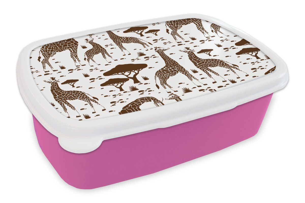 MuchoWow Lunchbox Giraffe - Muster - Baum, Kunststoff, (2-tlg), Brotbox für Erwachsene, Brotdose Kinder, Snackbox, Mädchen, Kunststoff rosa