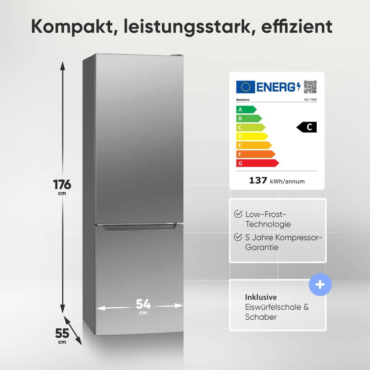 BOMANN Kühl-/Gefrierkombination KG 7369, 176 cm hoch, 54 cm breit, Energieklasse C, 176cm, LowFrost – Bild 2 von 5