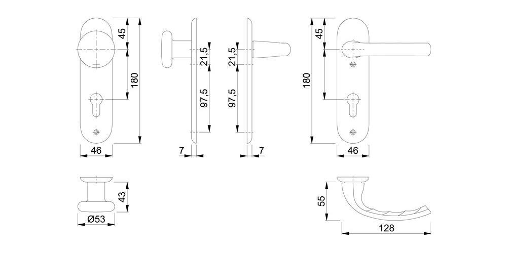 HOPPE Tôkyô 53/273KP/1710 Türbeschlag Kurzschildgarnitur abgerundet Aluminium PZ F1 Wechselgarnitur