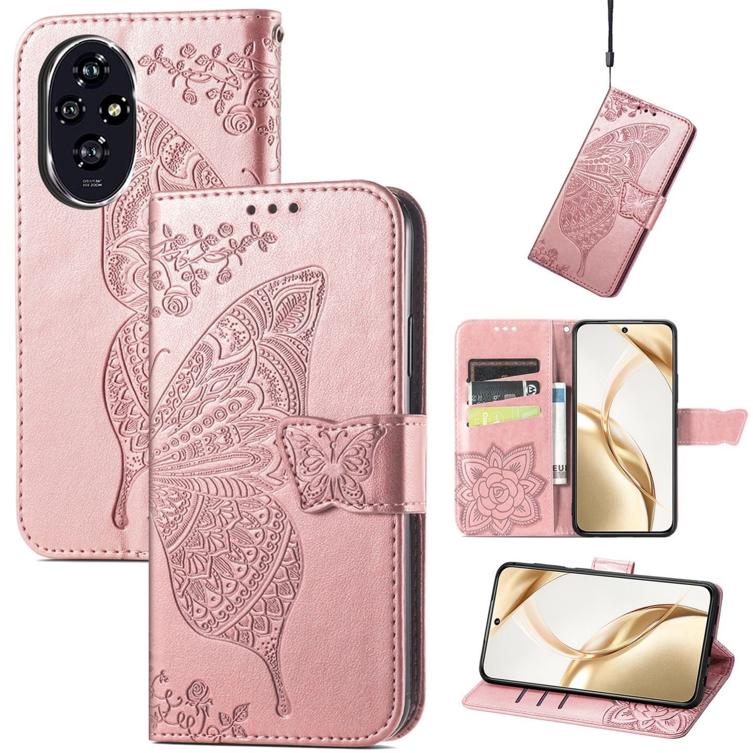 Wigento Smartphone-Hülle Für Honor 200 Kunstleder Wallet Tasche Design Schmetterling Hülle Rosa, Kunst-Leder Schutzhülle Smart Case Cover magnetischer Verschluss