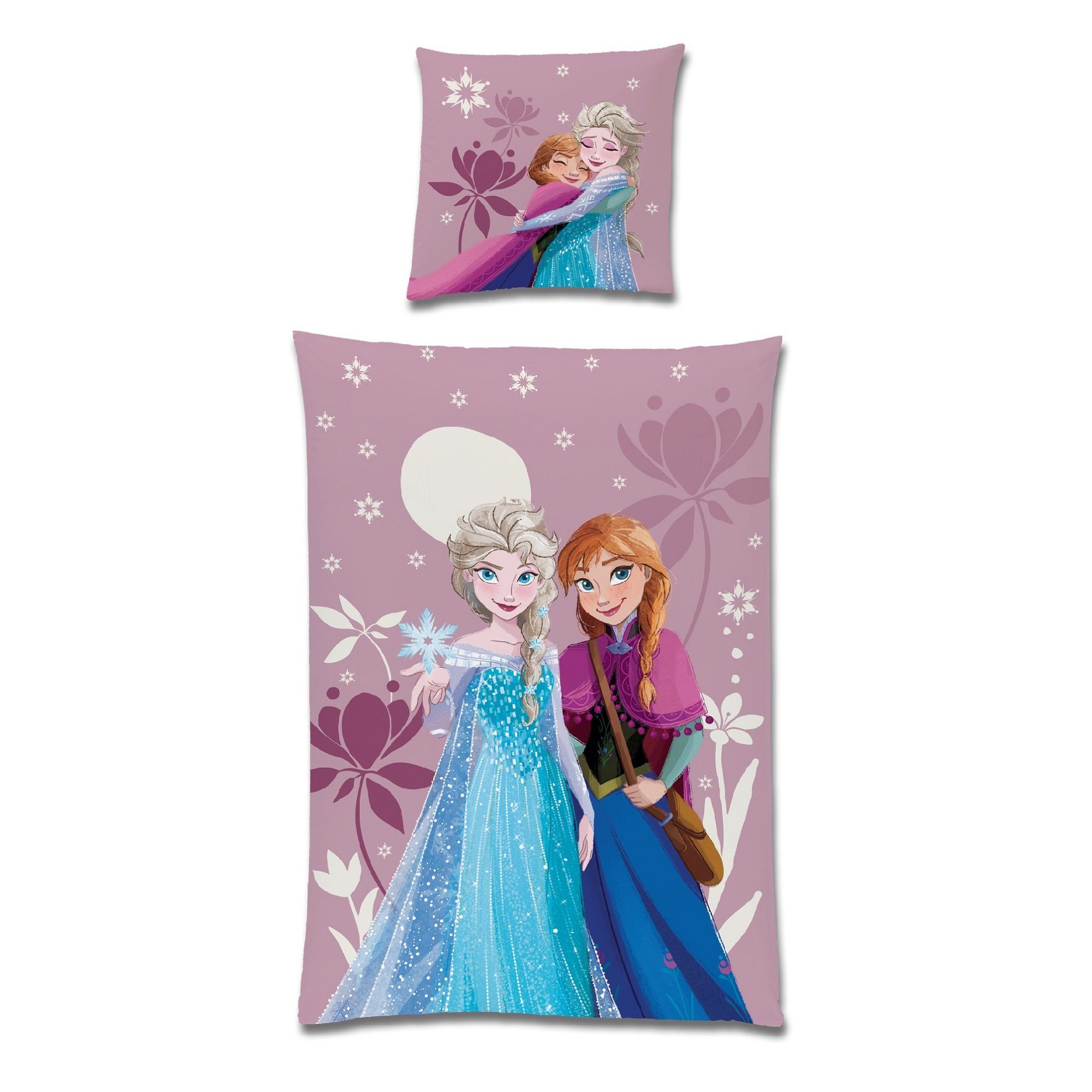 Kinderbettwäsche Frozen Die Eiskönigin 135x200 + 80x80 cm aus 100% Baumwolle, Familando, Renforcé, 2 teilig, "Pink Mountain" mit Anna, Elsa und Olaf