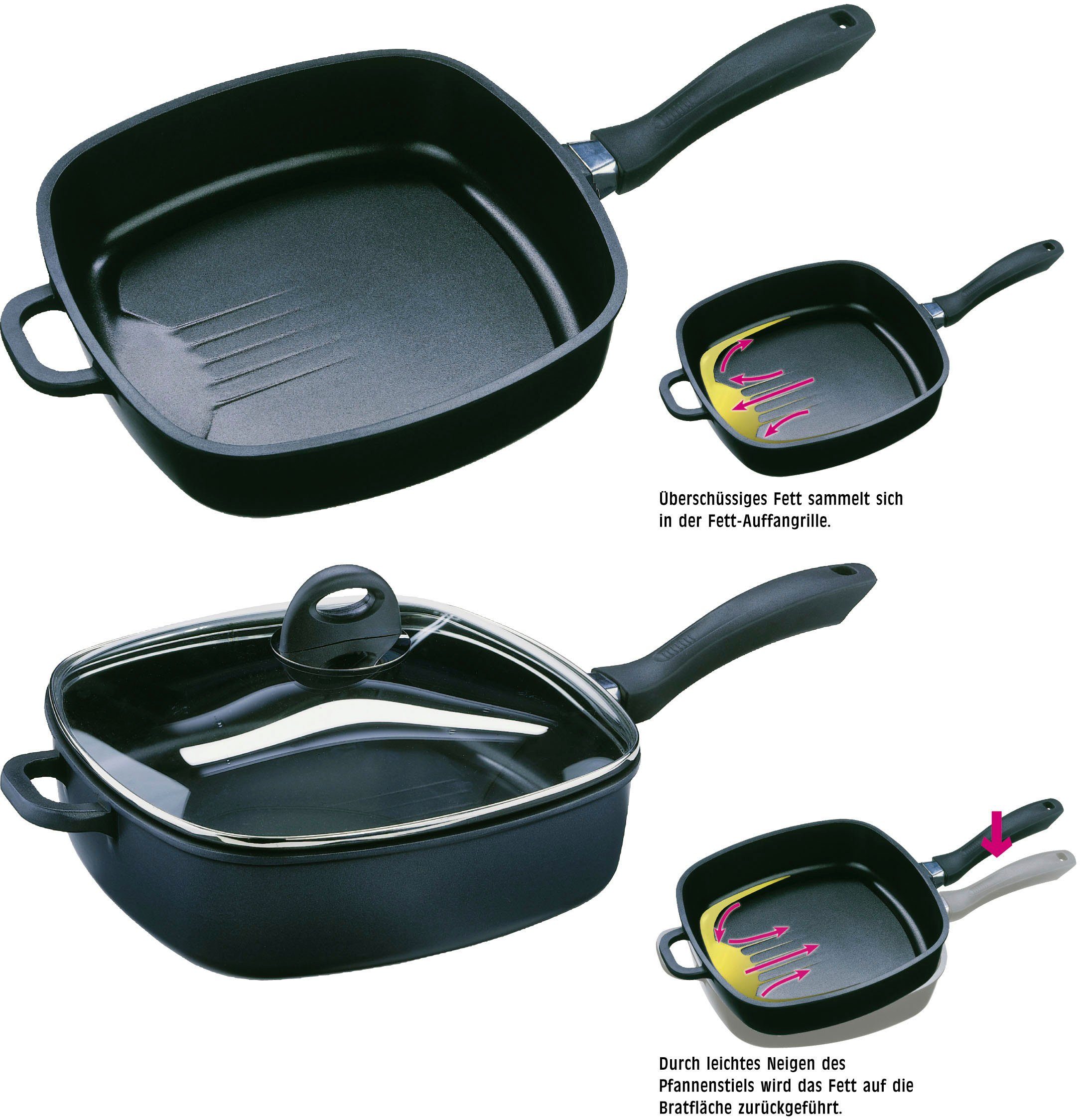 GSW Schmorpfanne Gourmet, Aluminiumguss, Fett-Trenn-Pfanne, robuste Qualtiät, 28x28 cm, Induktion