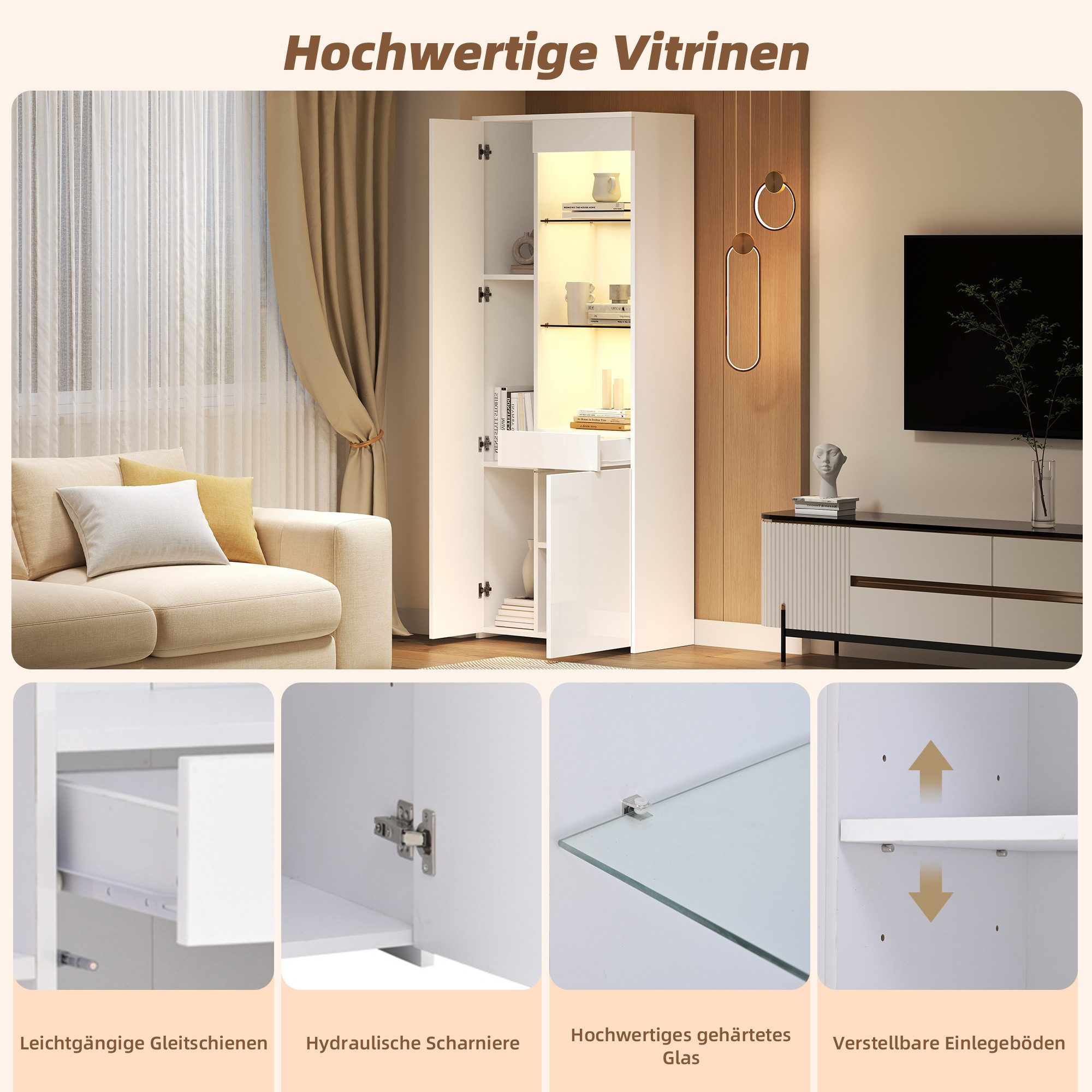 Merax Glasvitrine hochglanz Vitrine mit LED (70*35*180cm, 1-St., Hochschrank Standregal Schrank) Standvitrine Highboard mit Glasfächern, Schublade & Push-to-Ope – Bild 5 von 5