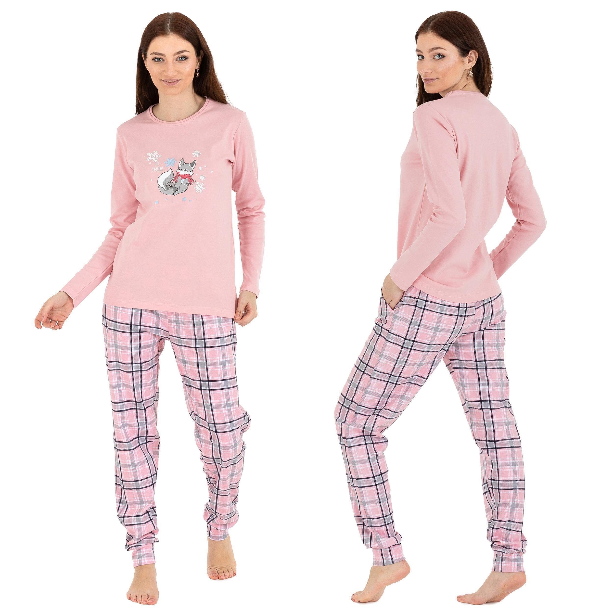 LOREZA Schlafanzug Damen Schlafanzug Hausanzug Pyjama langarm 100% Baumwolle Interlock (Set, 2 tlg)
