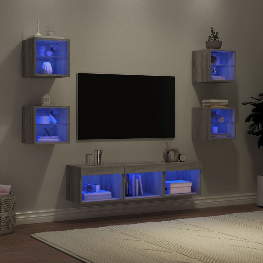 vidaXL Schrankmodule 7-tlg. Wohnwand mit LED-Beleuchtung Grau Sonoma Holzwe günstig online kaufen