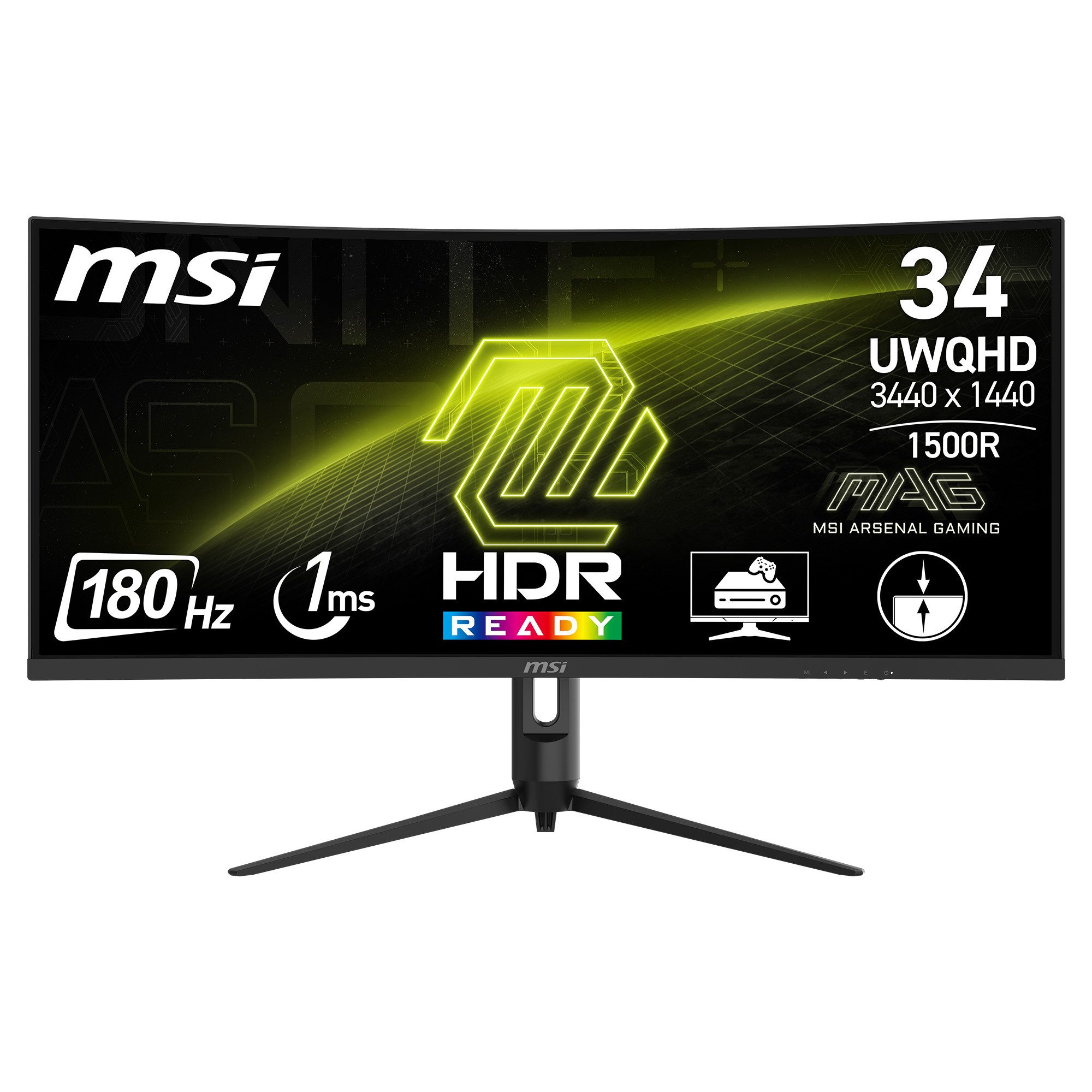 MSI MAG 342CQR Curved-Gaming-Monitor (86 cm/34 ", 3440 x 1440 px, UWQHD, 1 ms Reaktionszeit, 180 Hz, VA LED, 3 Jahre Herstellergarantie, höhenverstellbar)