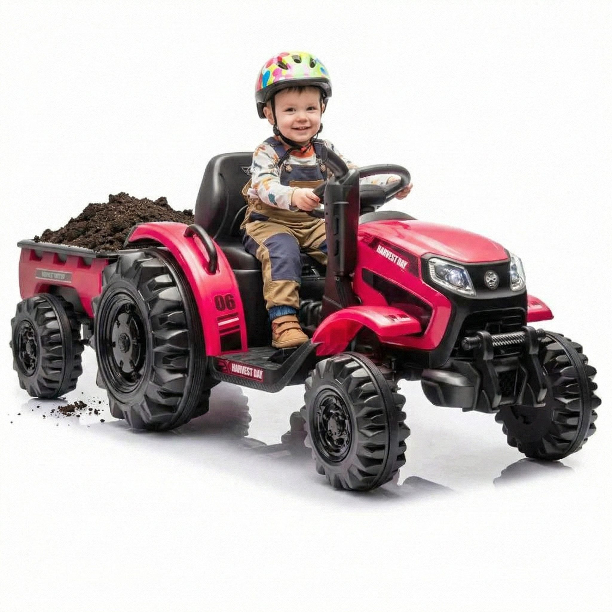 Hecht Elektro-Kindertraktor mit abnehmbarm Anhänger bis 5km/h, bis 30kg, 12V / 10 Ah, Belastbarkeit 30 kg, Hupe, Scheinwerfer, Traktor Sounds, Radio, USB, AUX, SD