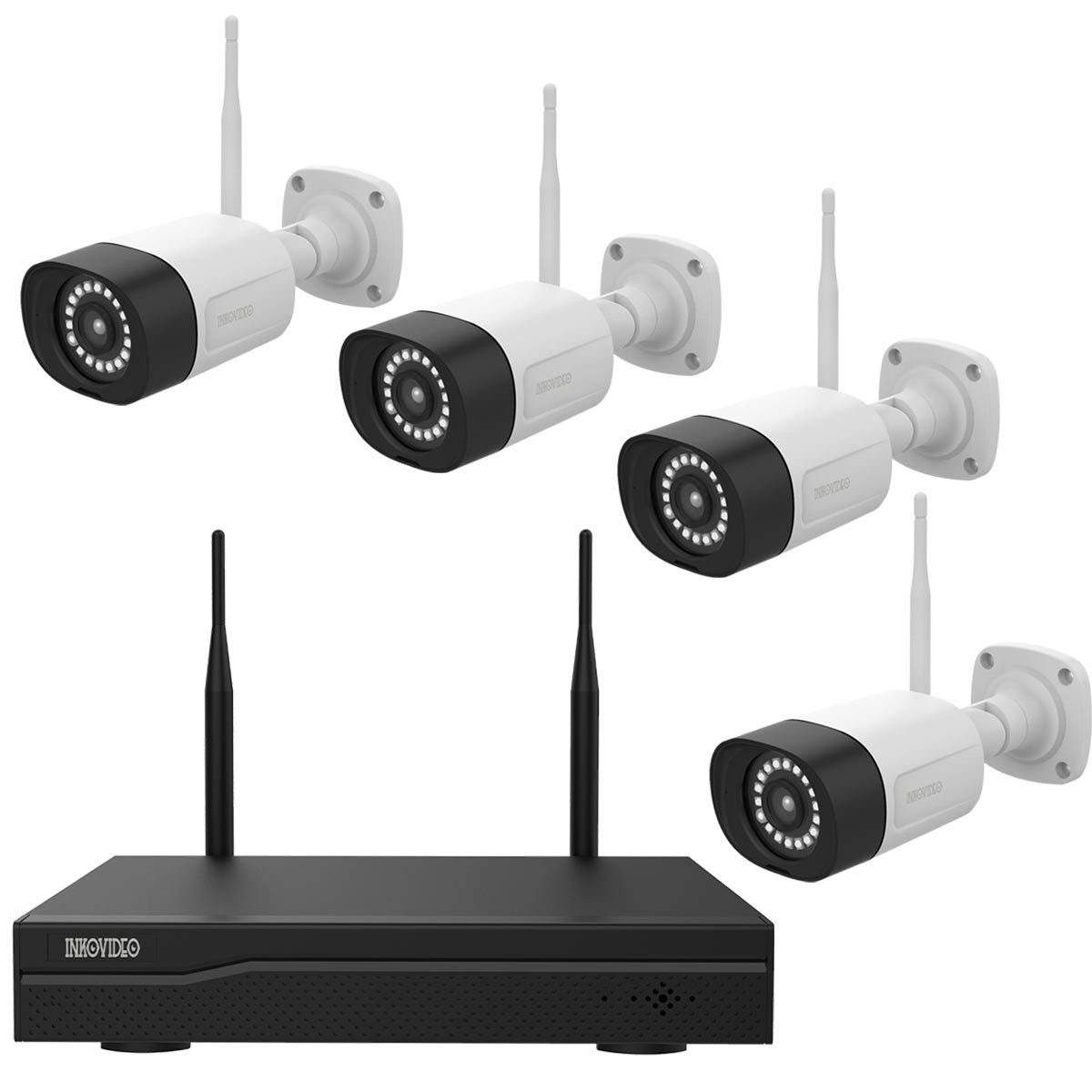 INKOVIDEO Überwachungskamera INKO-24M WLAN Set mit 4-Kanal Netzwerkrekorder und 4x 3 MP Kameras (5-tlg., NVR mit HDMI-Ausgang, Plug & Play, P2P, H.265/H.265+, Nachtsicht)