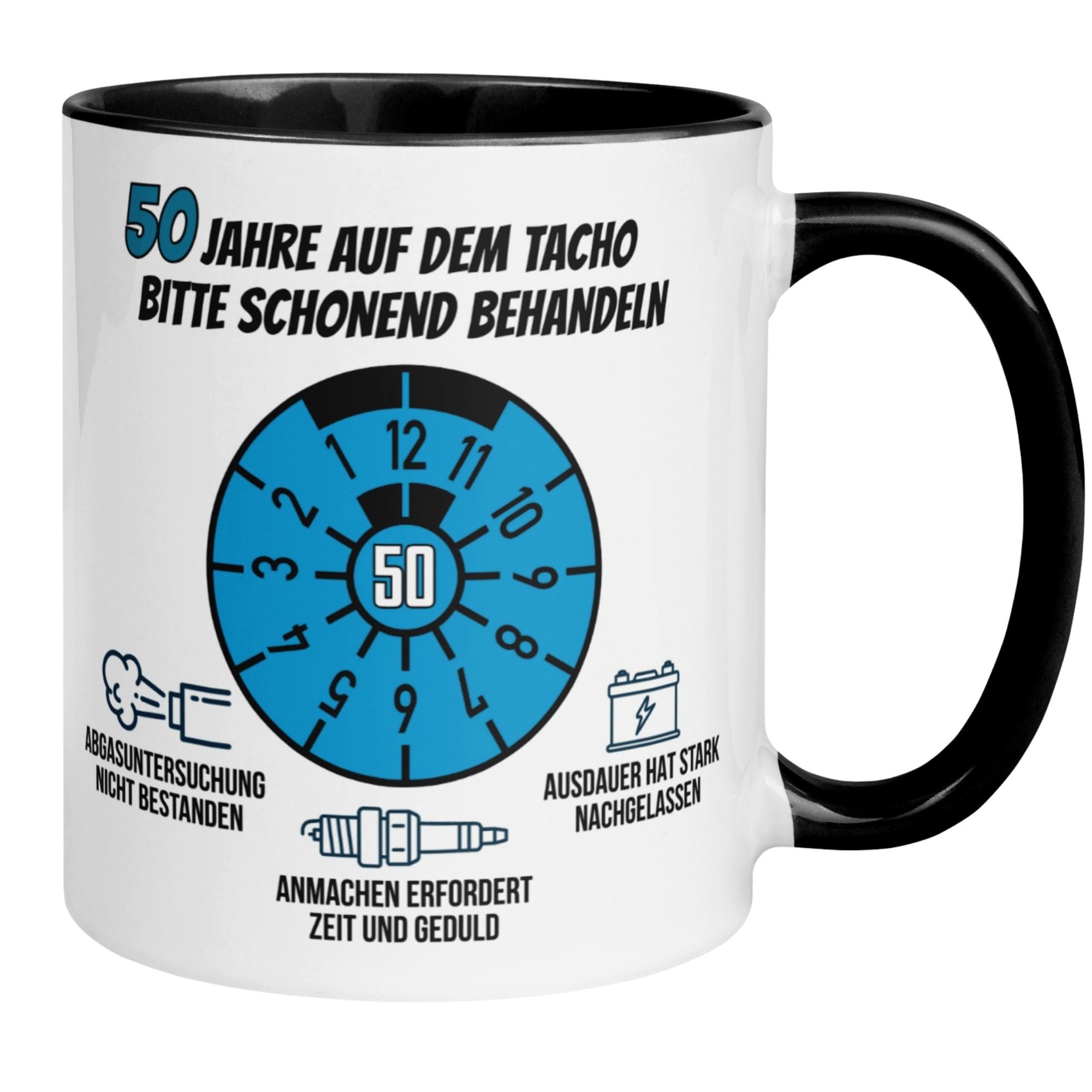 Momentals Tasse 50. Geburtstag Mann – „50 Jahre auf dem Tacho - Schonend Behandeln“, Beidseitiger Druck · Links- & Rechtshänder · Spülmaschinenfest