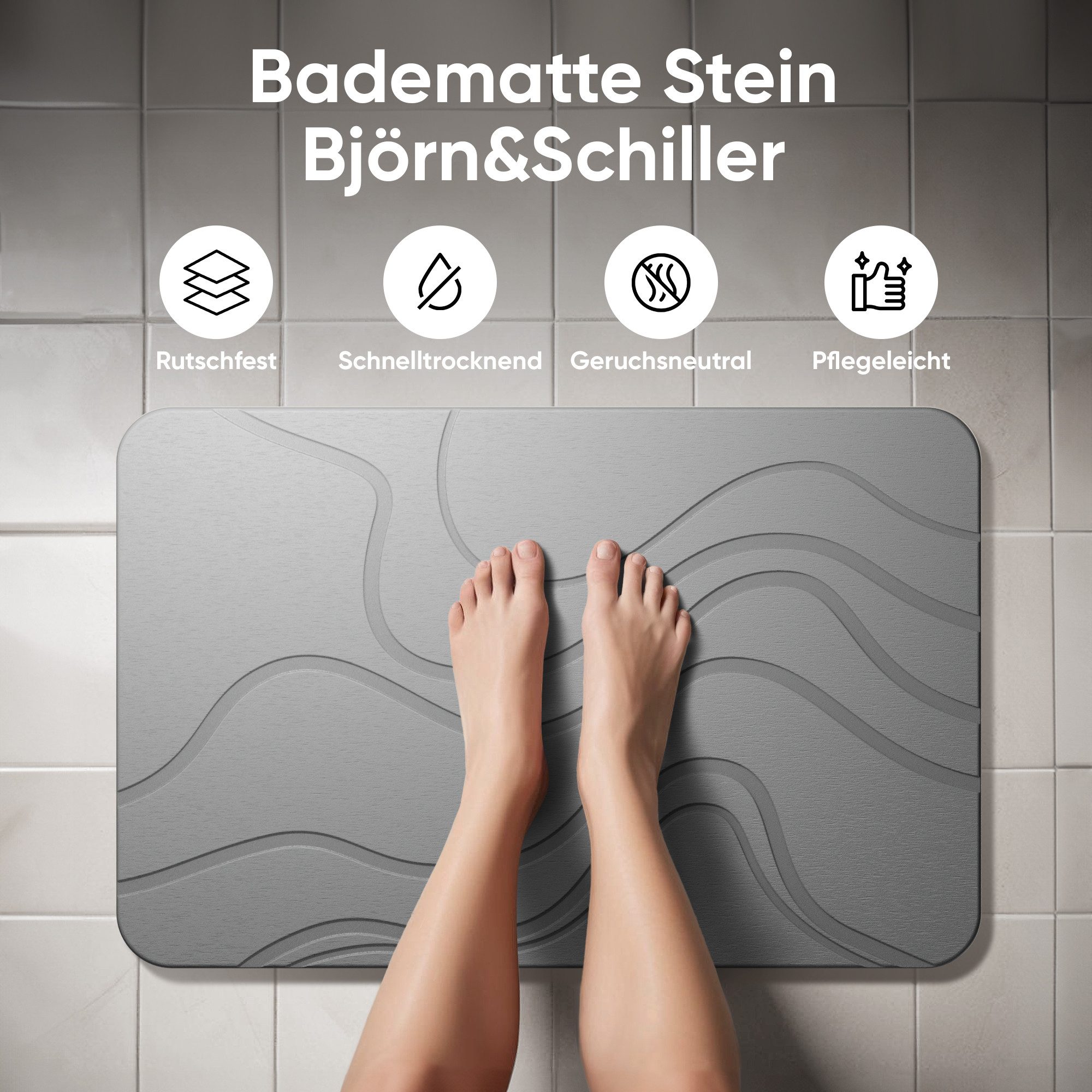 Björn&Schiller Badematte Stein Kieselgur Matte Badezimmer 60x39 cm Duschvorleger, Höhe 9 mm, rutschfeste Oberfläche, einfache Reinigung, schnelle Wasseraufnahme, umweltfreundlich, Kieselgur, Rechteckig, Schnelltrocknend