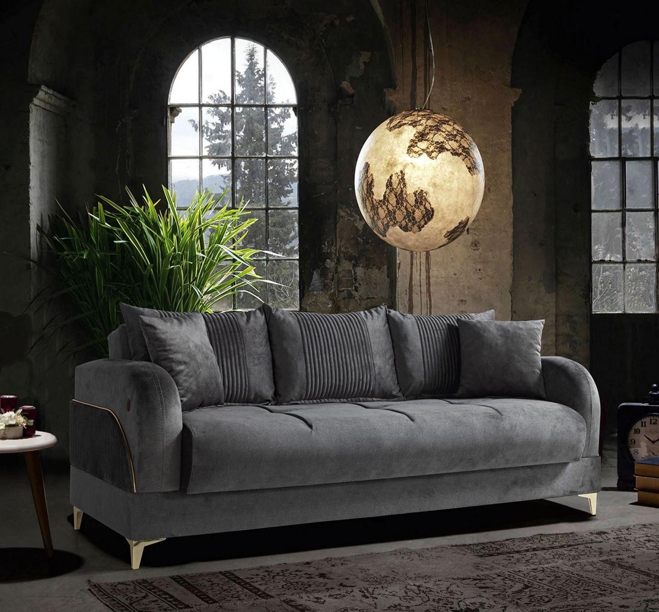 JVmoebel 3-Sitzer Graue Polstercouch aus Stoff mit Edelstahlfüßen in Gold, Made in Europa