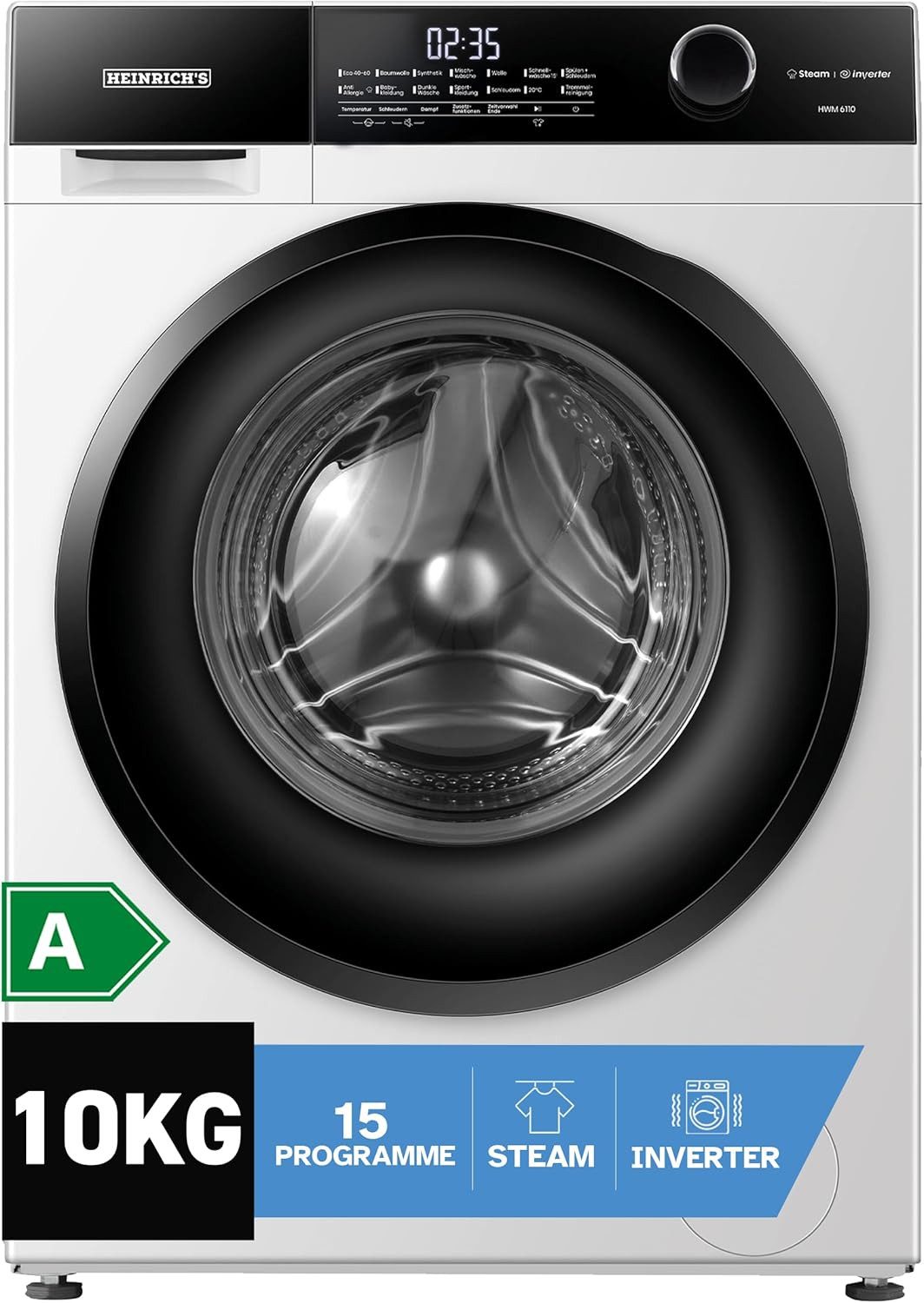 Heinrich´s Waschmaschine ‎HWM 6110W Inverter, 10 kg, 1400 U/min, Waschmaschine, Steam-funktion, 10kg, 15 Programme