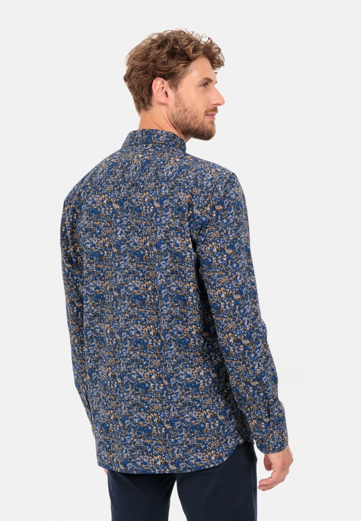 Blau mit active Langarmhemd camel Button-Down Allover-Print