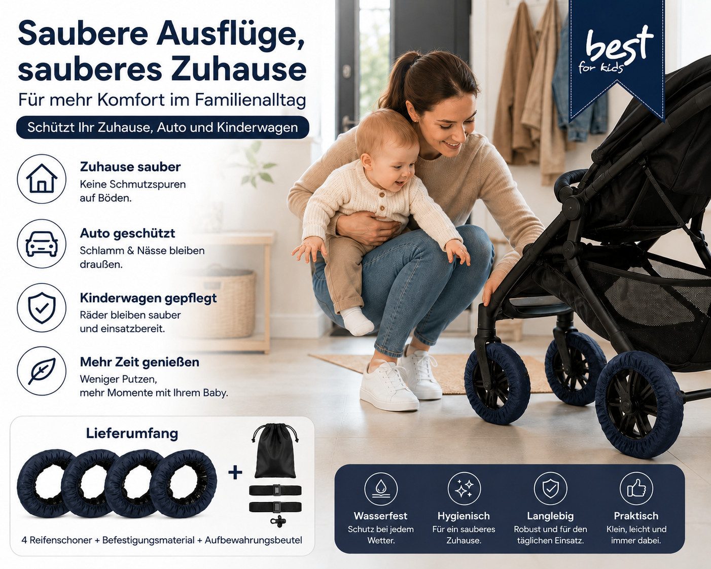 Best for Home Fußsack Kinderwagen-Reifenschutz, 4er Set, Radschutz für gleich große Räder (Radabdeckungs-Set, 4-tlg., 4 Radabdeckungen für Kinderwagenräder), el – Bild 4 von 5