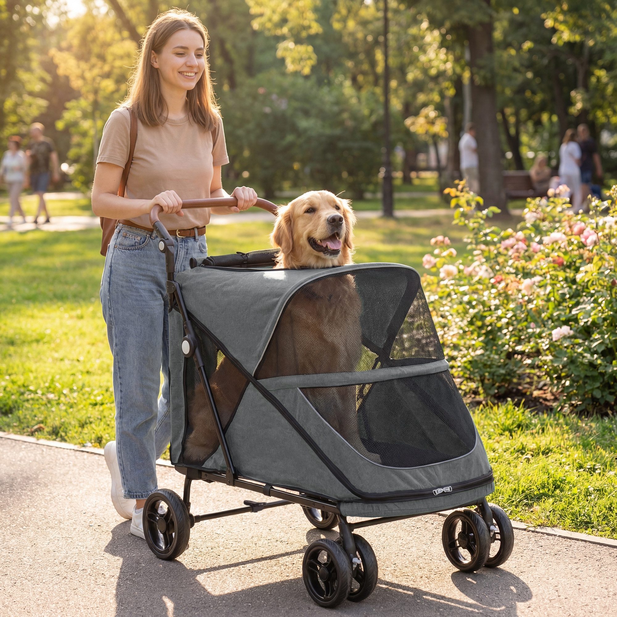 PawHut Hundebuggy Faltbar Hundetrolley mit 360°Drehrädern Kissen Verstellbarer Griff, (Hundewagen, 1-tlg), für große mittelgroße Hunde bis 30 kg Grau