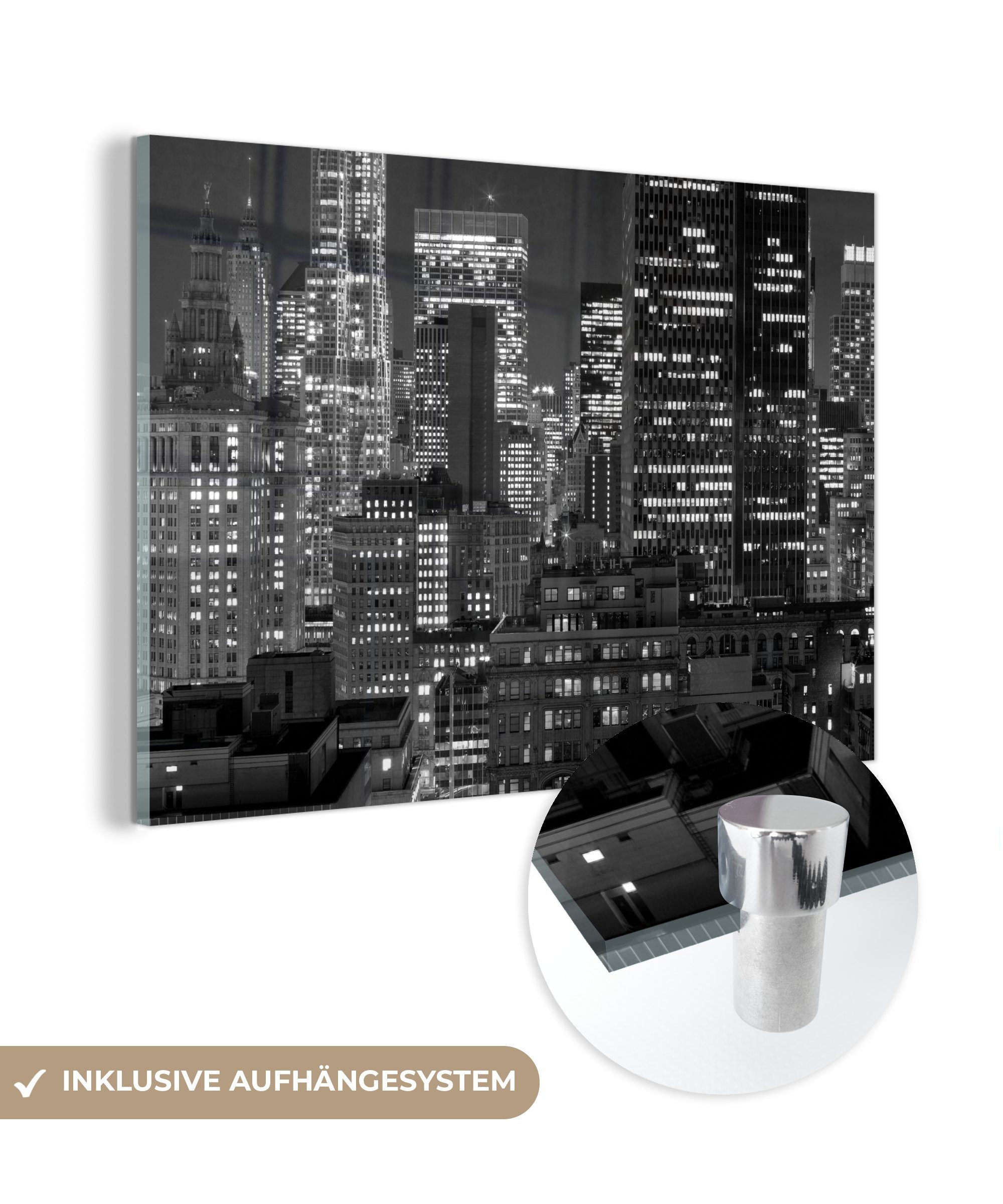MuchoWow Acrylglasbild Horizont der Stadt New York bei Nacht - schwarz und weiß, (1 St), Acrylglasbilder Wohnzimmer & Schlafzimmer