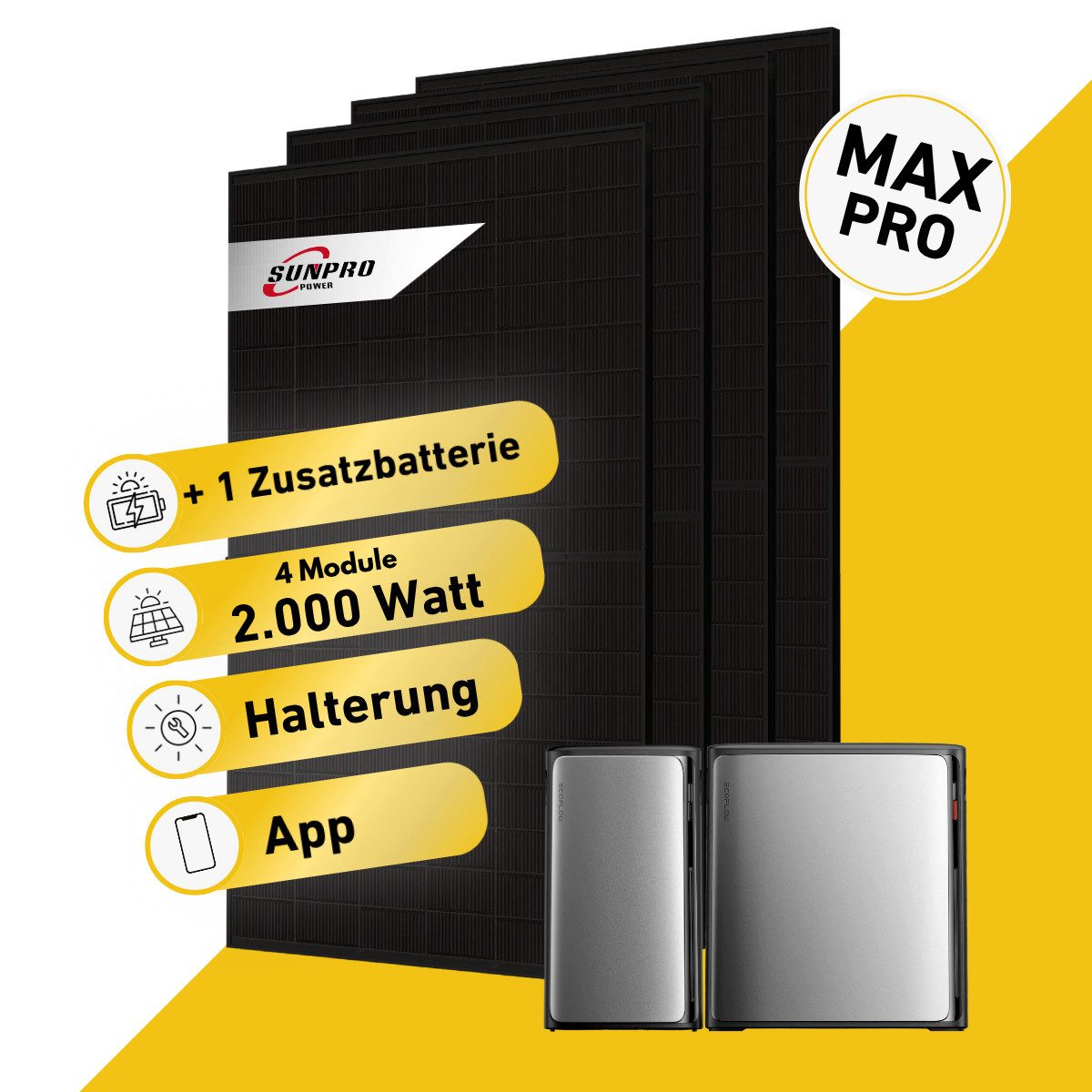 Balkonstrom Balkonkraftwerk MAX Pro 2000 Watt Solaranlage mit Speicher Komplettset Bifazial, 2000 W, Monokristallin, (4x Sunpro Solarmodul á 500 Watt, 1xSunEnergyXT 500 Pro Solarspeicher, 1-5 Zusatzspeicher B500), Halterung für Dach, Fassade, Balkon & Garten, App & Plug&Play DE