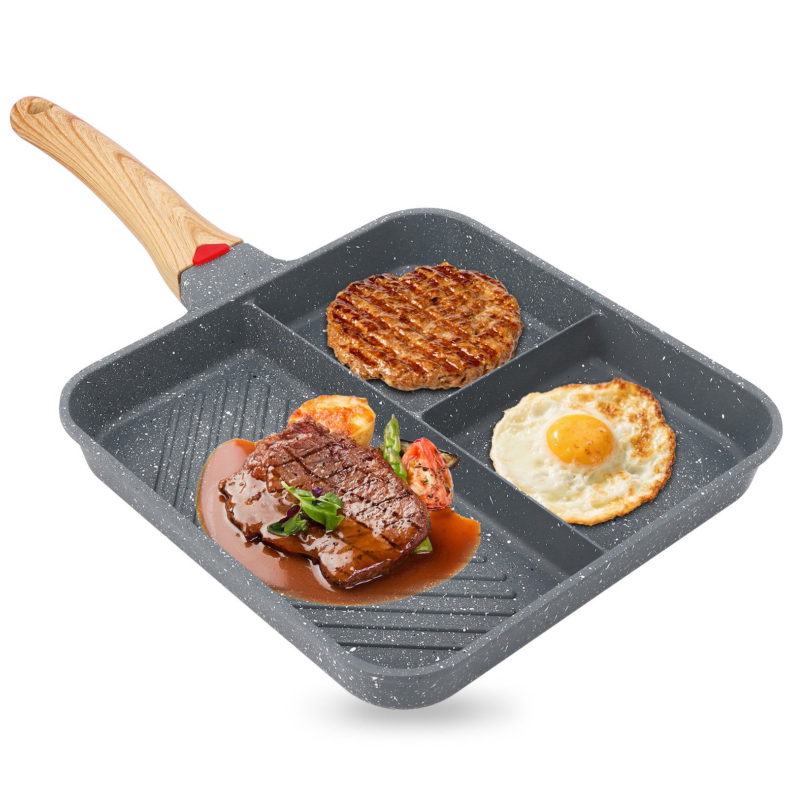 BlingBin Bratpfanne Antihaftbeschichtete Aluminium 3-in-1-Grillpfanne mit Bakelit-Griff, Aluminium (1 Stück, 1-tlg., 24.5*24.5*4cm,Quadratische Eierpfanne, Steakpfanne), Vielseitig für Eier, Steak, Gemüse & mehr