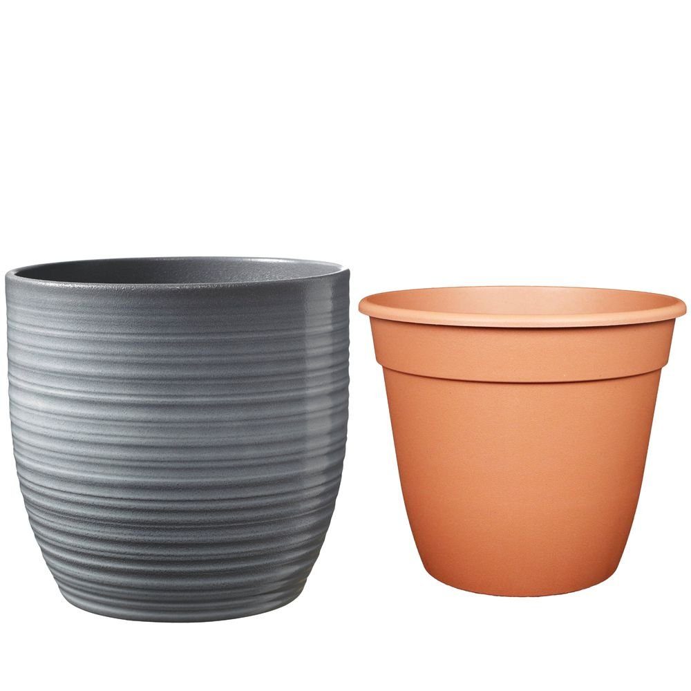 Heimwerkercenter Übertopf Set - Keramikübertopf Bergamo ø21 cm, hellgrau + Pflanztopf ø20