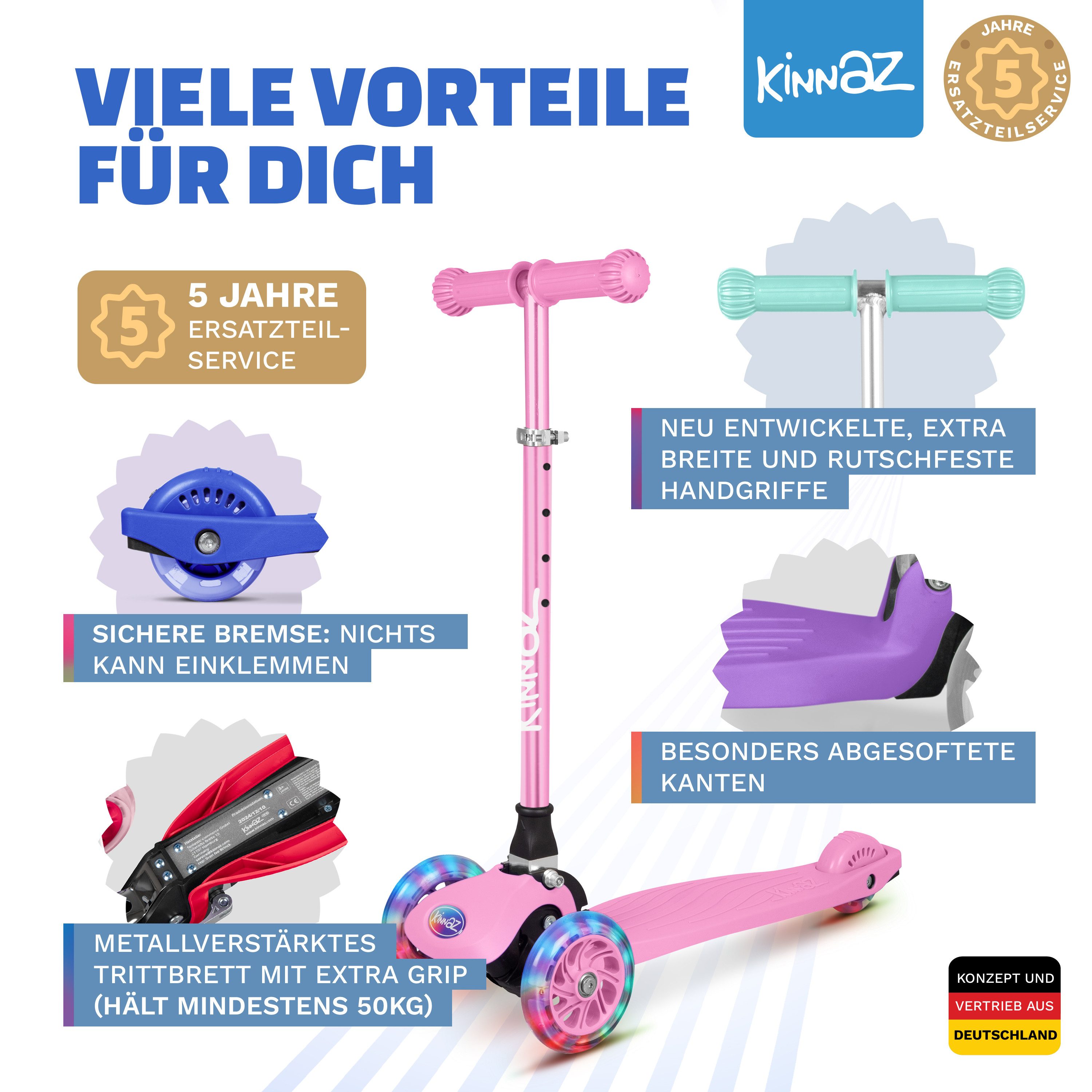 KINNAZ Dreiradscooter ab 2 Jahre LED, faltbar, Höhe flexibel, Kinderoller, Scooter, Roller, (Kinderroller, kinnaz ONE), Händler aus Hamburg – Bild 5 von 5