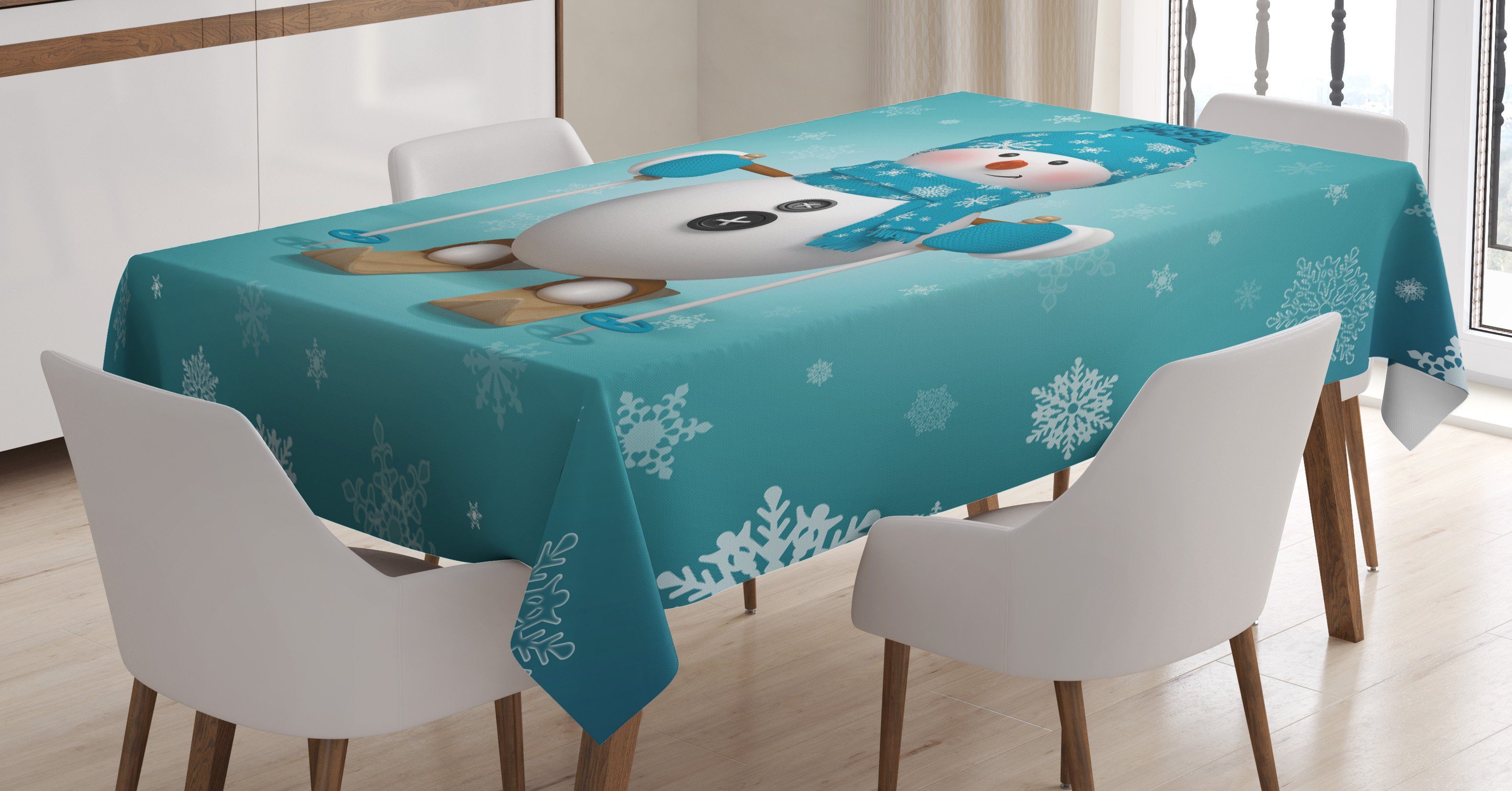Abakuhaus Tischdecke Farbfest Waschbar Für den Außen Bereich geeignet Klare Farben, Schneemann Skifahren Schneeflocken Fun