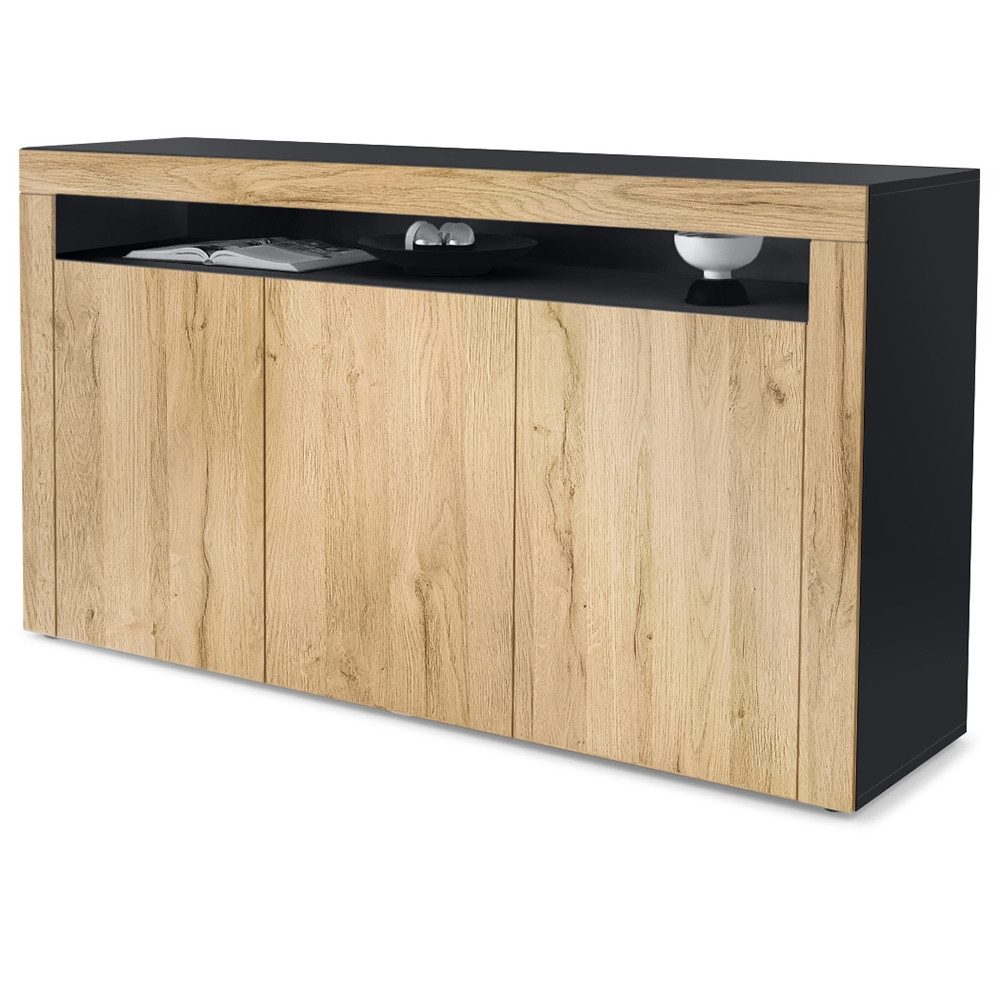 Vladon Sideboard Valencia (Sideboard, mit 3 Türen und 1 offenem Fach), Schwarz matt/Eiche Natur/Eiche Natur (155 x 92 x 40 cm)