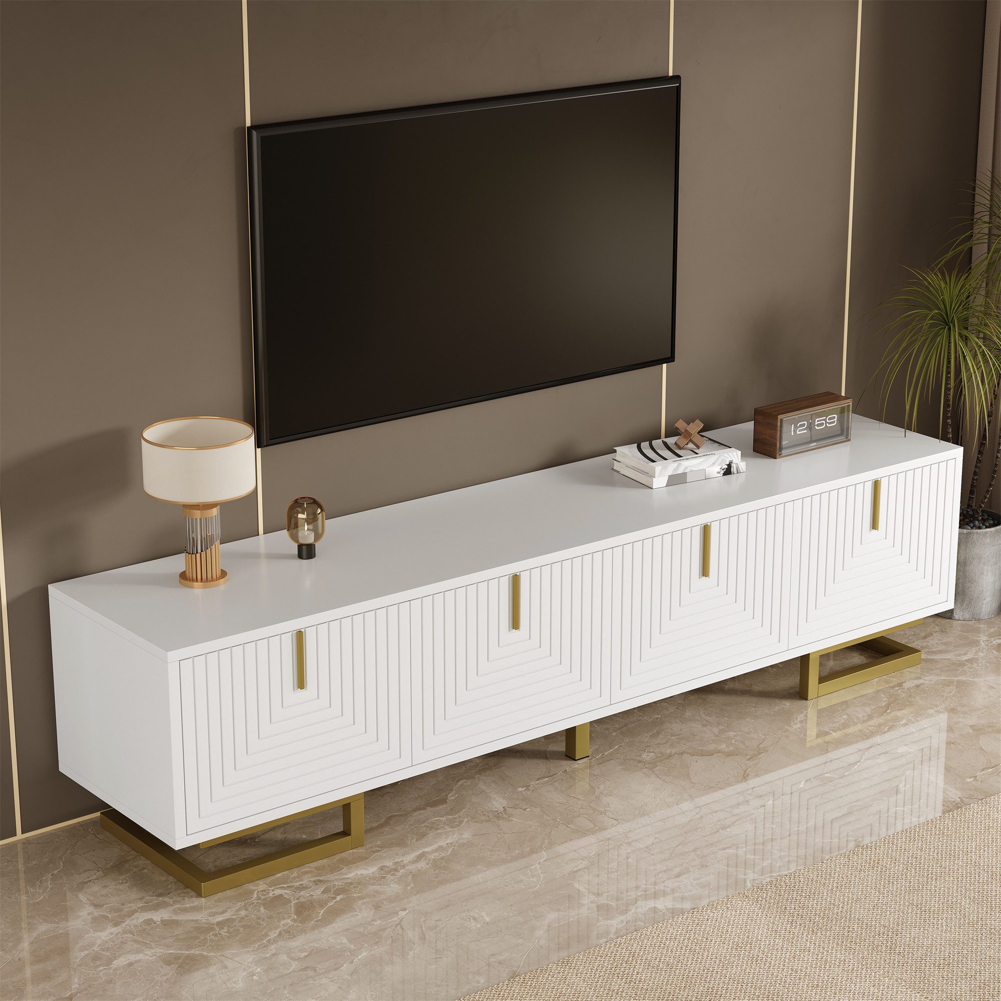 HAUSS SPOLE Lowboard mit goldene Griffe&Beine,TV-Schrank TV-Lowboard mit Strukturoberfläche