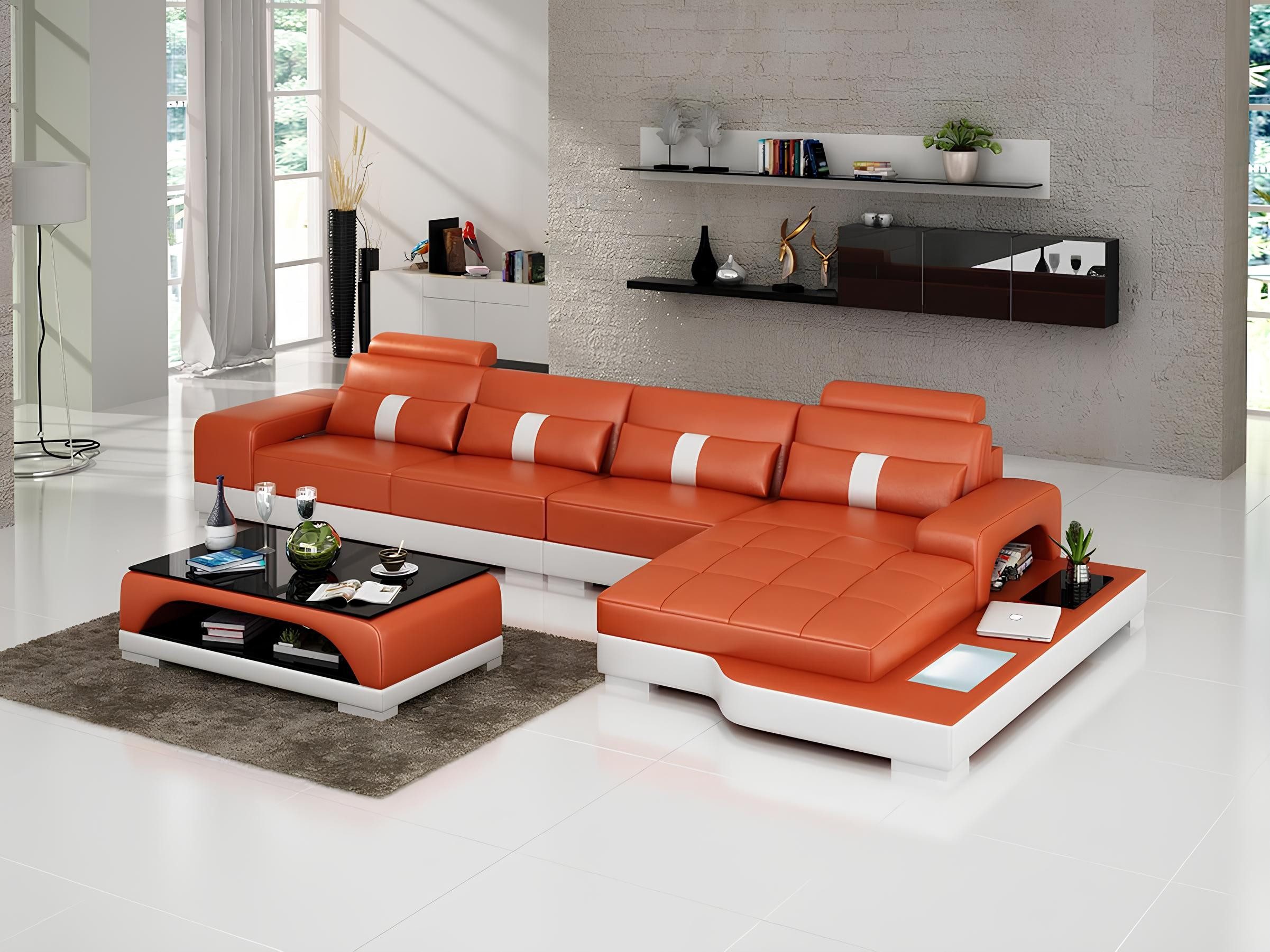 JVmoebel Ecksofa L-Form Ledersofa mit USB-Anschluss in Orange, Made in Europa