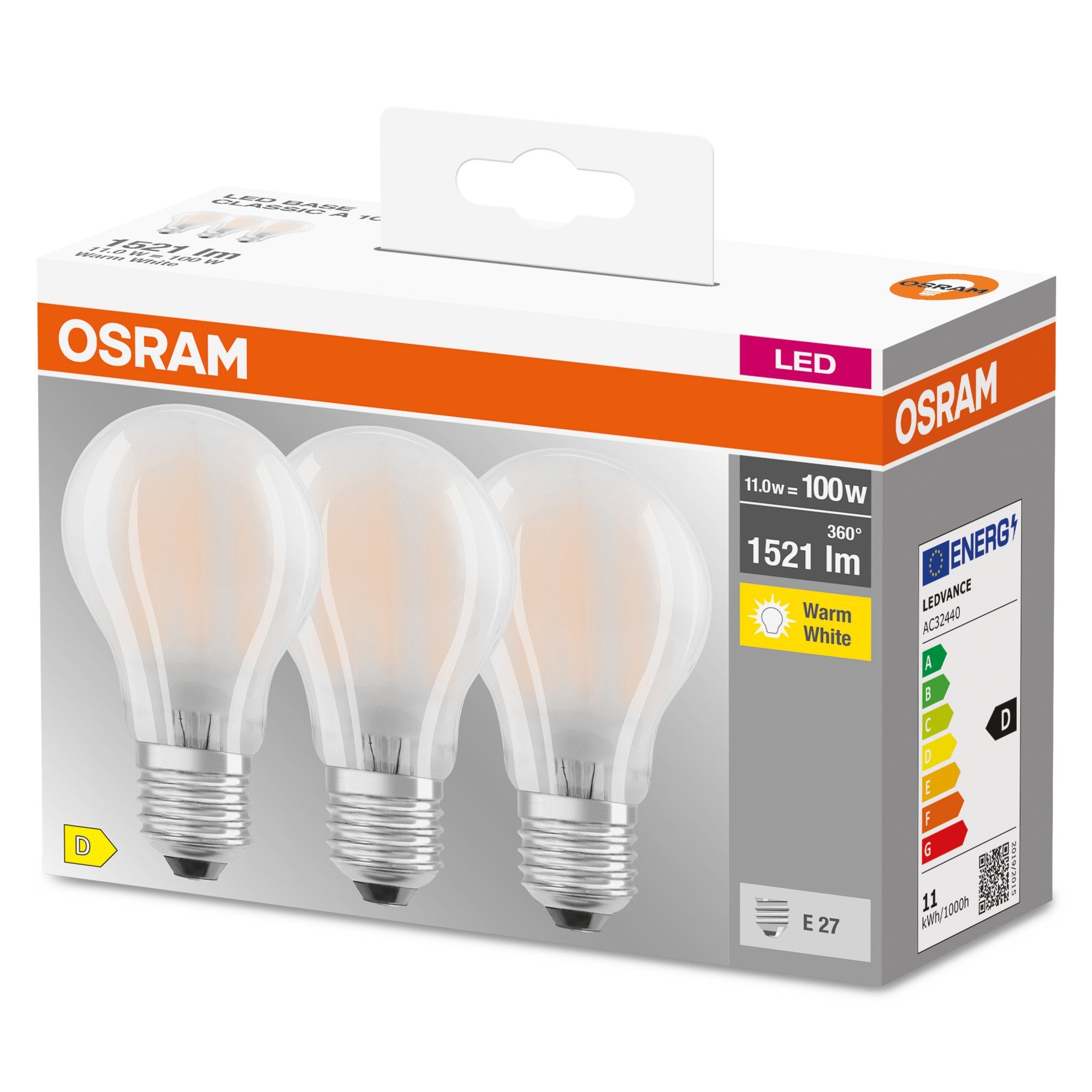 Osram LED-Leuchtmittel 3ER PACK LED BASE E27 GLÜHBIRNE MATT, E27, Warmweiß