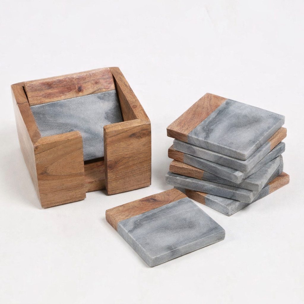 ILOKEN Getränkeuntersetzer aus Holz und Marmor, 5er-/10er-Set, Zubehör für Gläser, Tassen, Becher, Kerzen, Vasen, Untersetzer Set, 10-tlg., Handgefertigt; rutschhemmend; inklusive passender Halterung