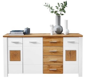 Vito Sideboard MATERIO, B 164 x H 86 cm, Weiß matt, Eiche Altholz Dekor, 3 Türen und 4 Schubladen