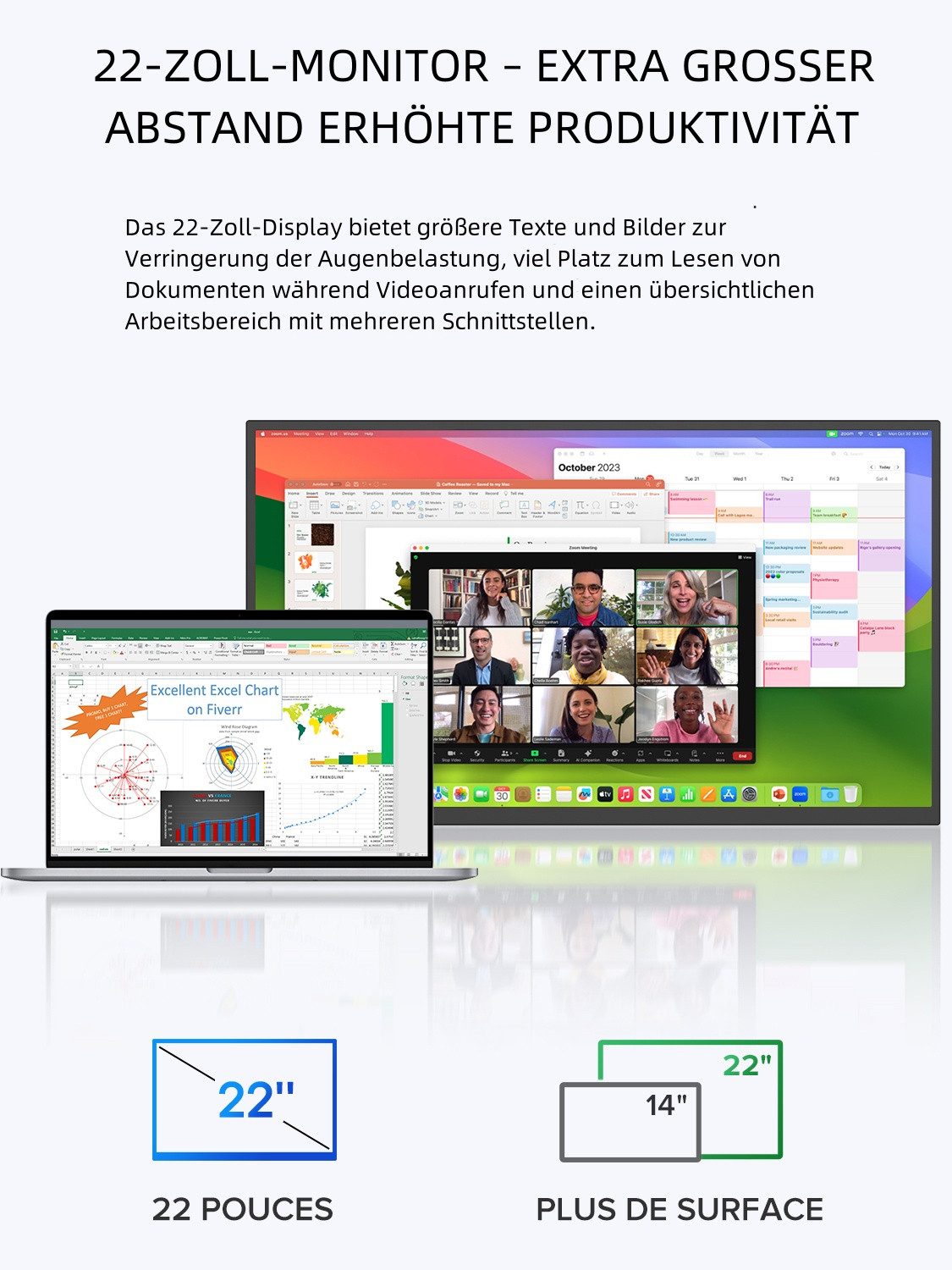 UPERFECT Tragbarer 22-Zoll-2K-Monitor, IPS-Bildschirm Portabler Monitor (55,88 cm/22 ", 2560x1440 px, 2k, 20 ms Reaktionszeit, 60 Hz, IPS, Mini-HDMI, USB-C, VESA, für PC, Laptop, Handy, Xbox, Switch)