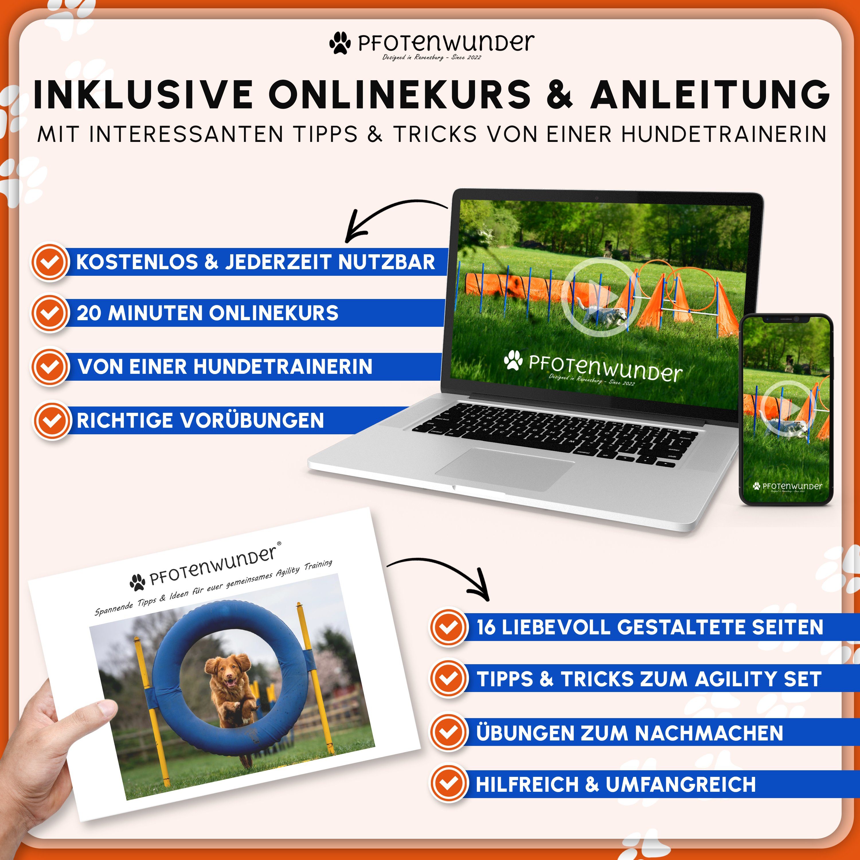 PfotenWunder Agility-Hürde XXL-Profi-Agility Set Hunde Groß für kleine & große Hunde-Training, 2x Multifunktions-Hürden & 3-Meter-Tunnel!