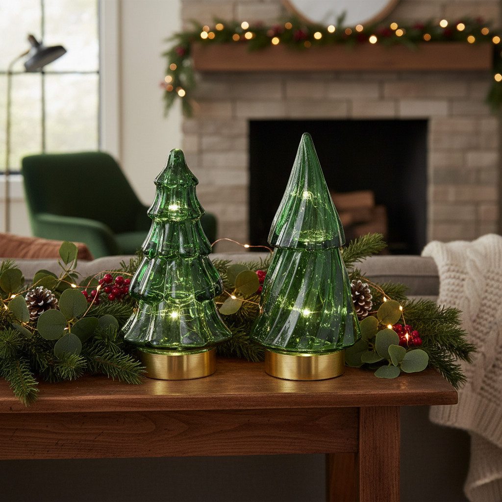 Florists Products Künstlicher Weihnachtsbaum LED Deko Glas-Tannenbaum Tischbeleuchtung Weihnachten, 2 Stück