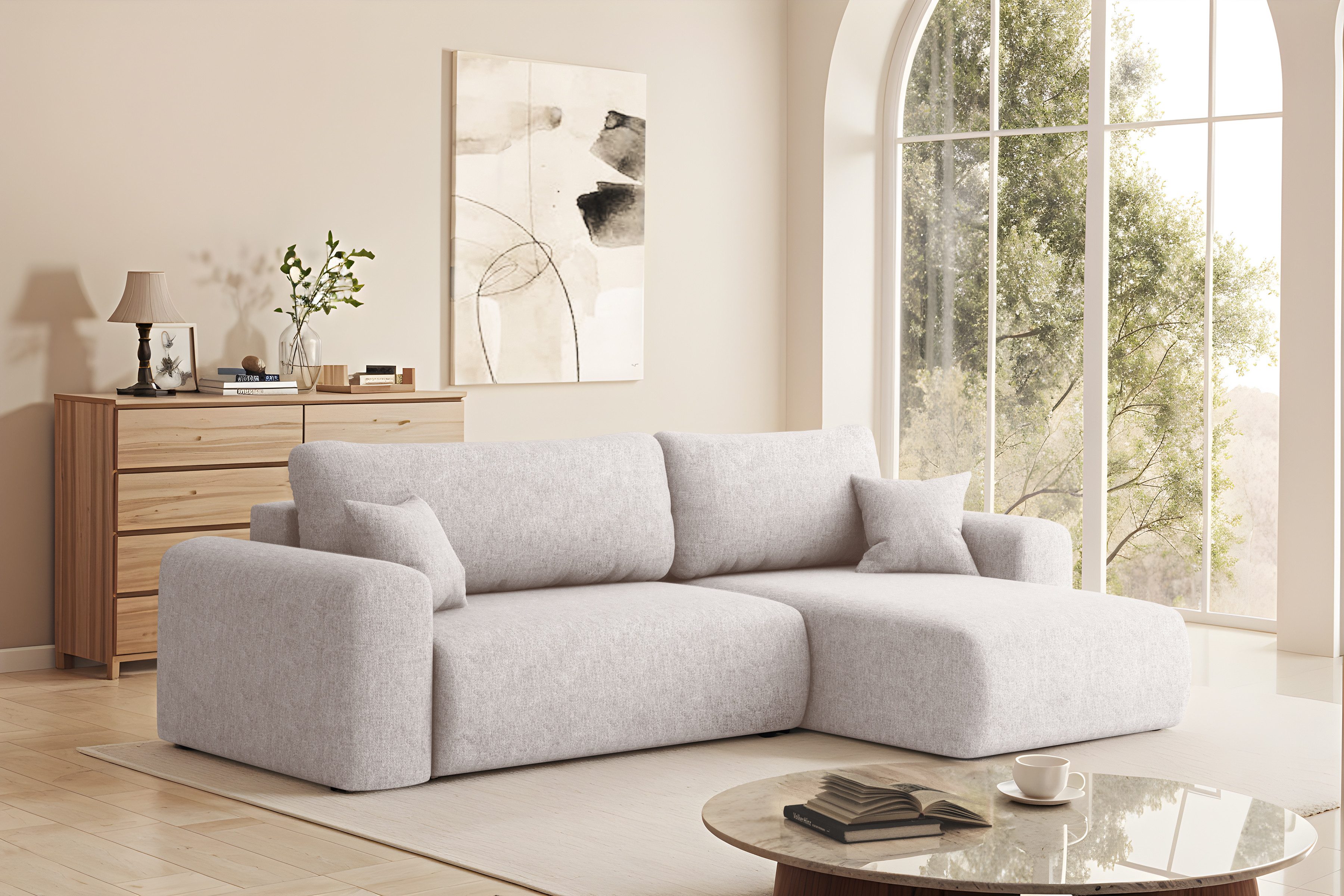 yourhouse24 Ecksofa CAPRO L-Form Couch, Cord/Geflecht-Stoff, mit Bettfunktion und Bettkasten, Seite universal