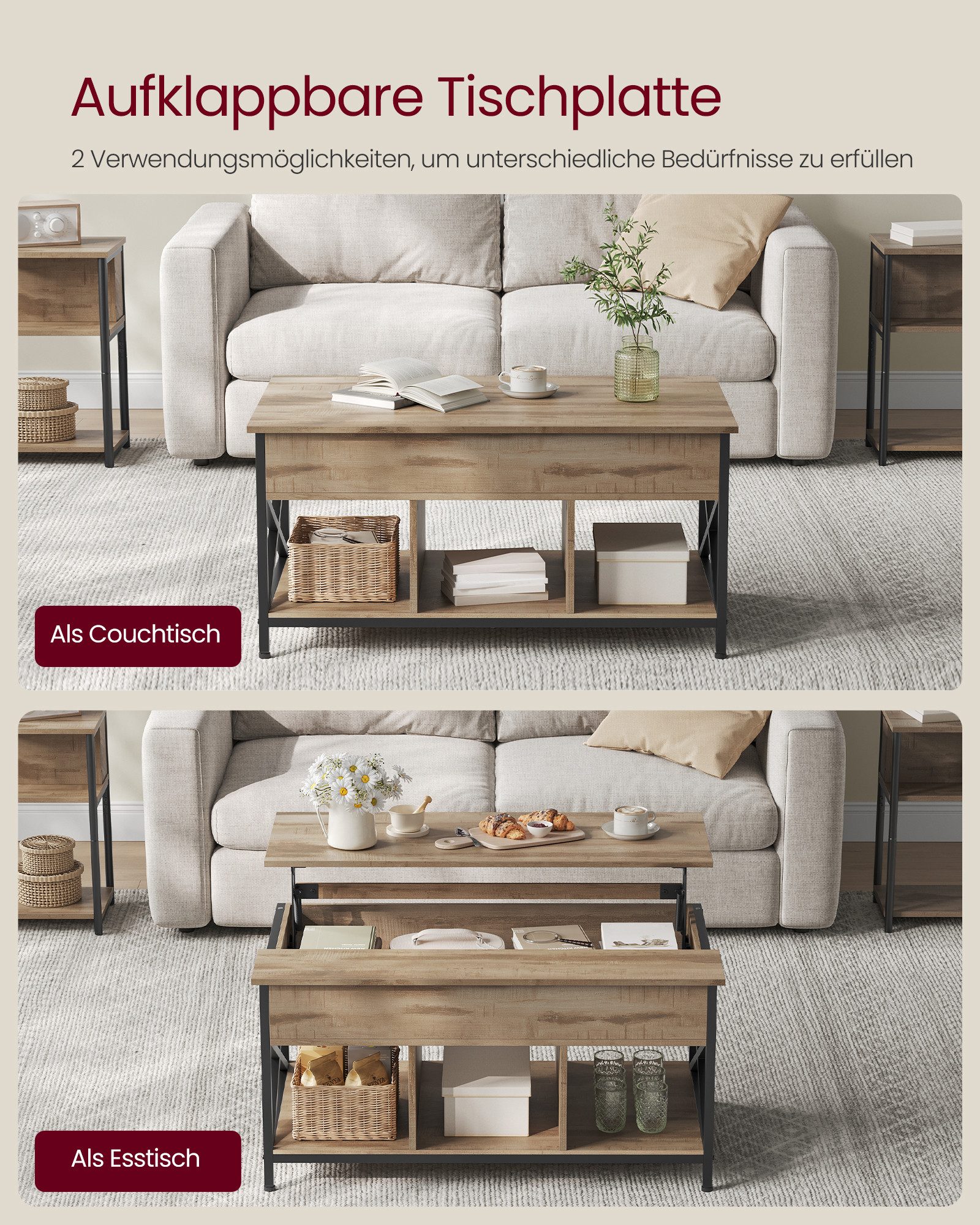 VASAGLE Couchtisch Wohnzimmertisch, offener und versteckter Stauraum, X-Streben (inkl. Zubehörpaket & Anleitung) aufklappbar), höhenverstellbar, versteckter Stauraum, 60 x 100/120 x (48-62) cm